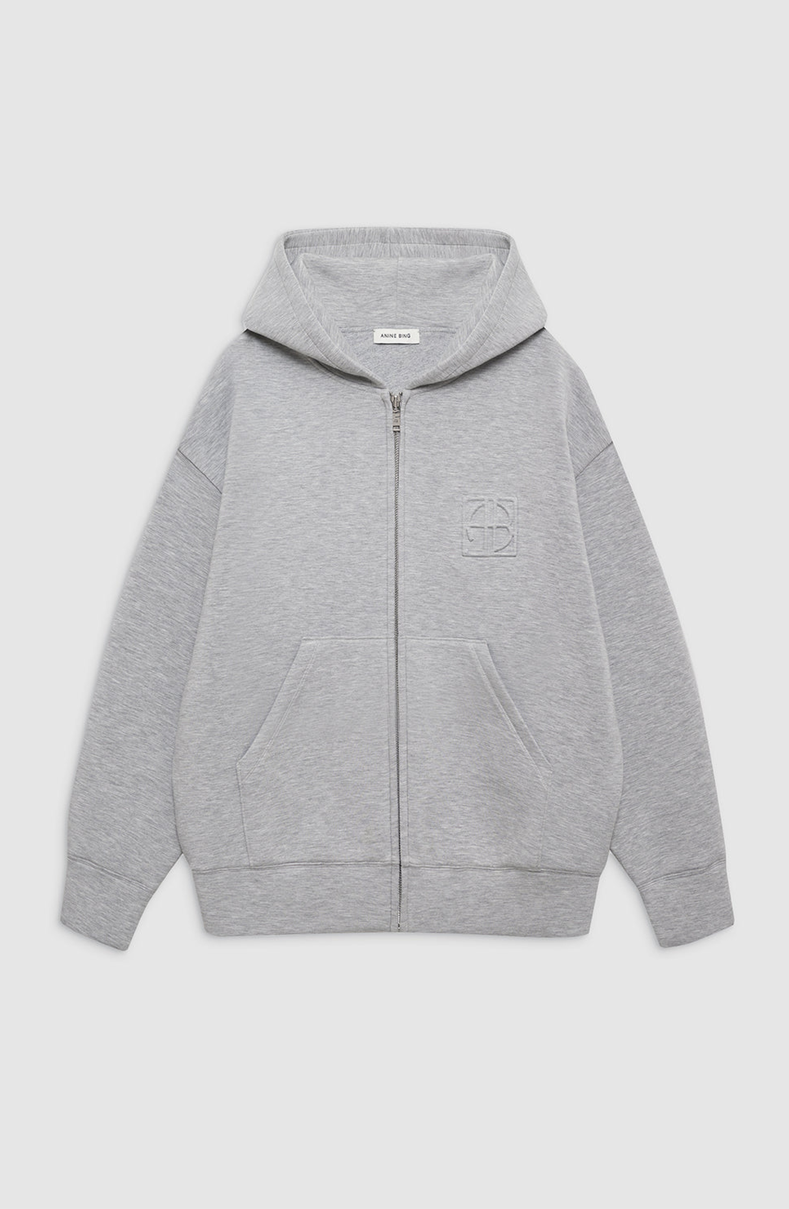 ANINE BING Bond Zip Up Hoodie with Framed Monogram in Heather Grey at Nordstrom - 1
