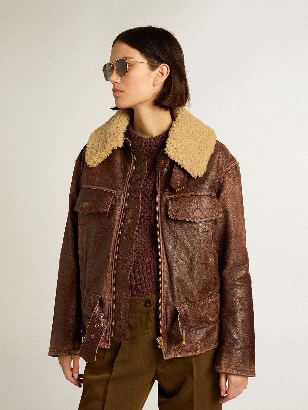 Wood-colored jacket with detachable shearling collar - 5