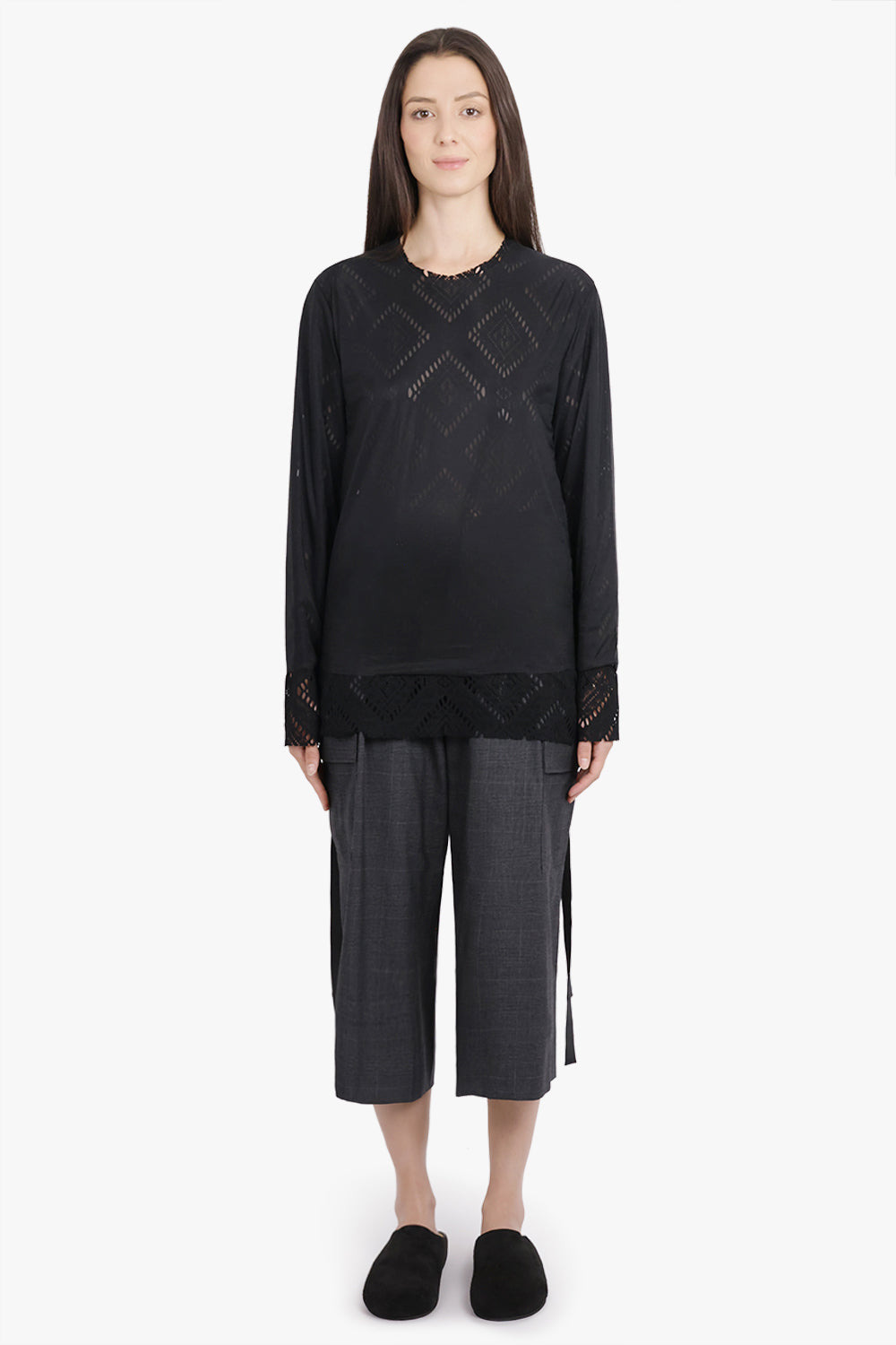 LAYERED L/S SHEER X LACE TOP | BLACK - 2