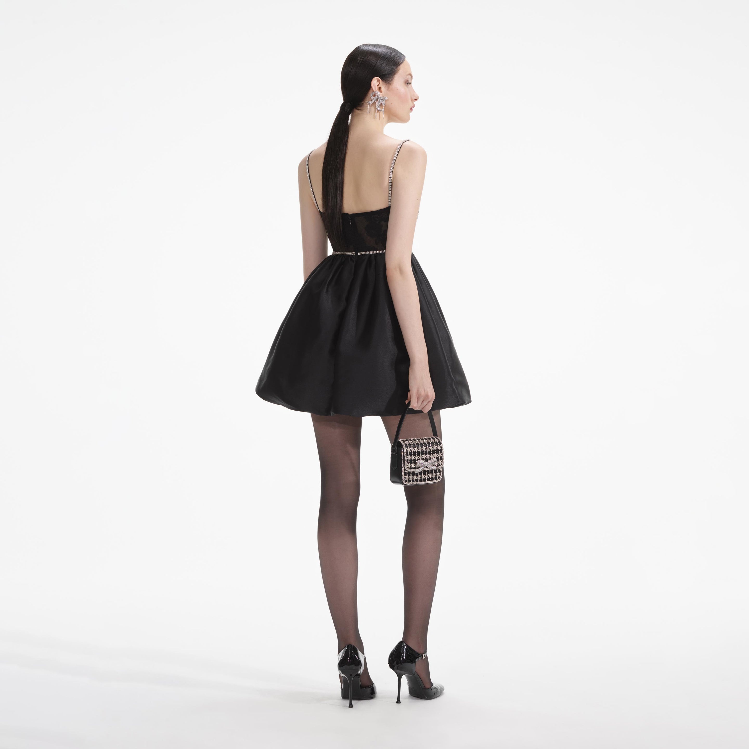 Black Taffetta Diamante Mini Dress - 4