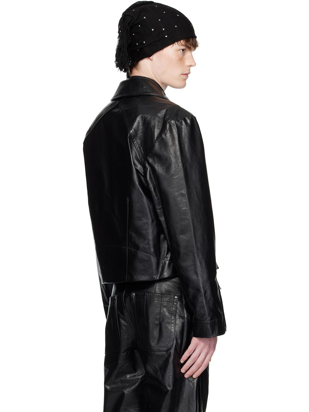 Black Kraner Cropped Leather Jacket - 3