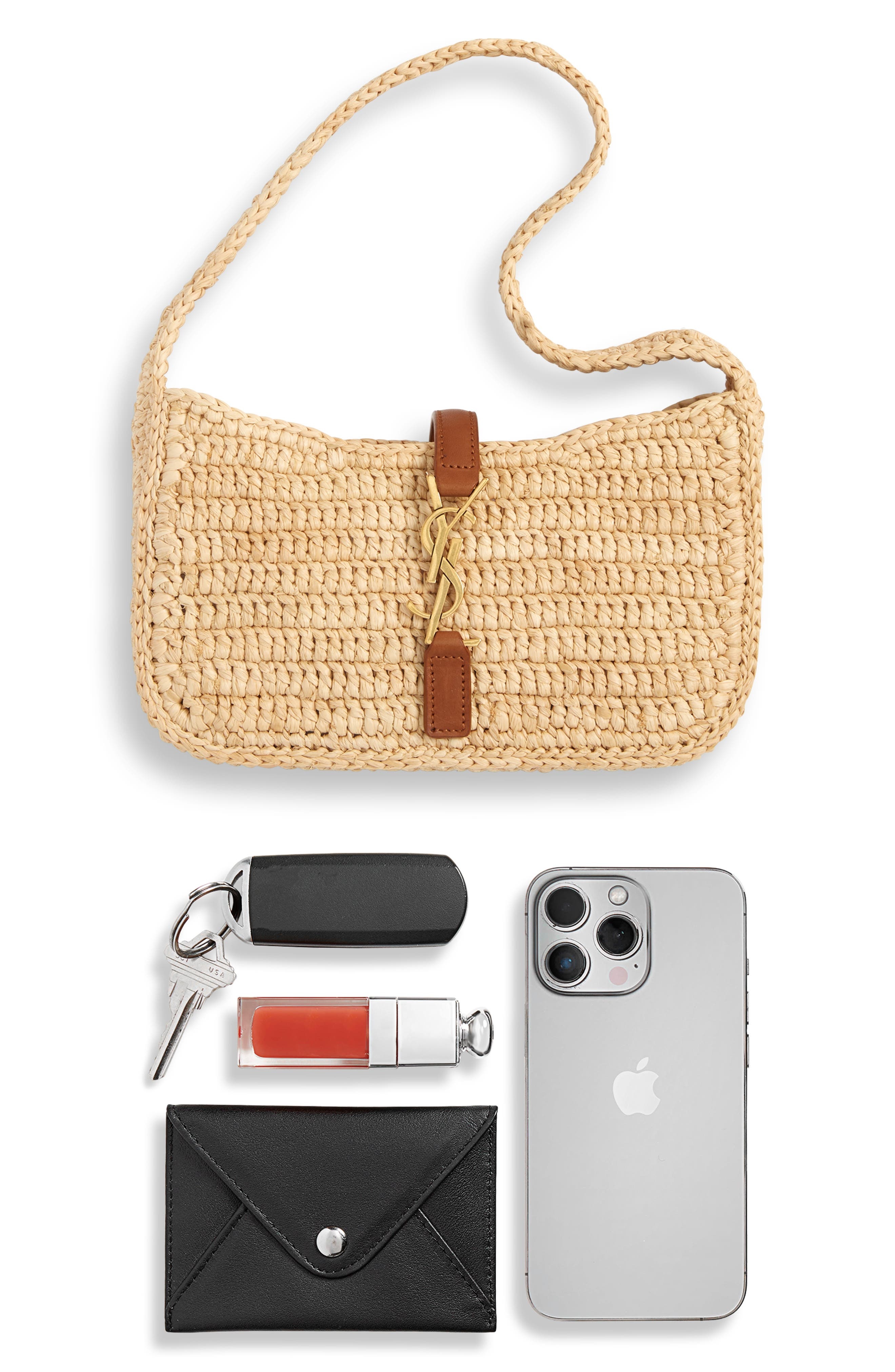 Saint Laurent Mini Le 5 à 7 Raffia Hobo in Natural/Brick at Nordstrom - 7