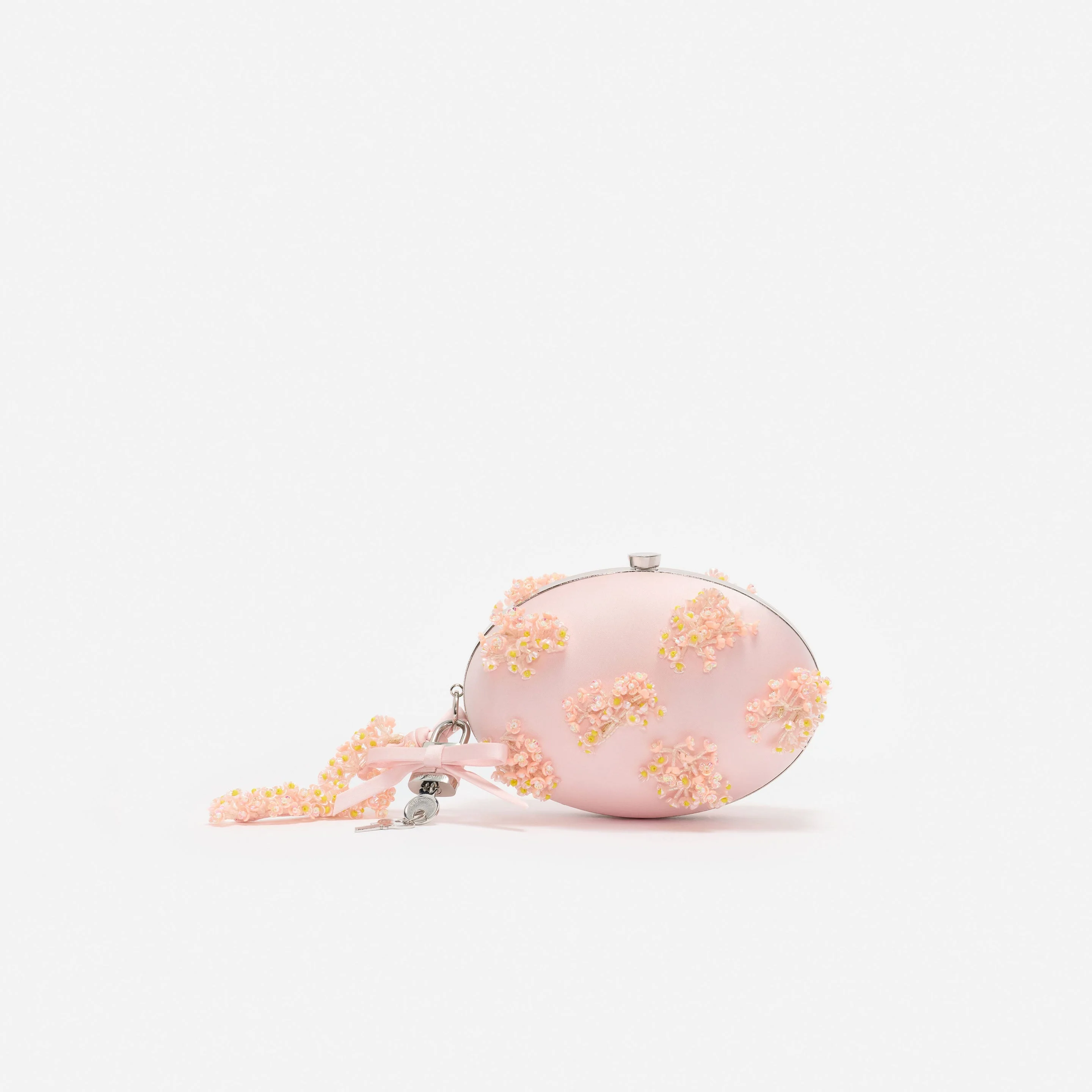 Pink Satin Floral Beaded Oval Clutch - 1