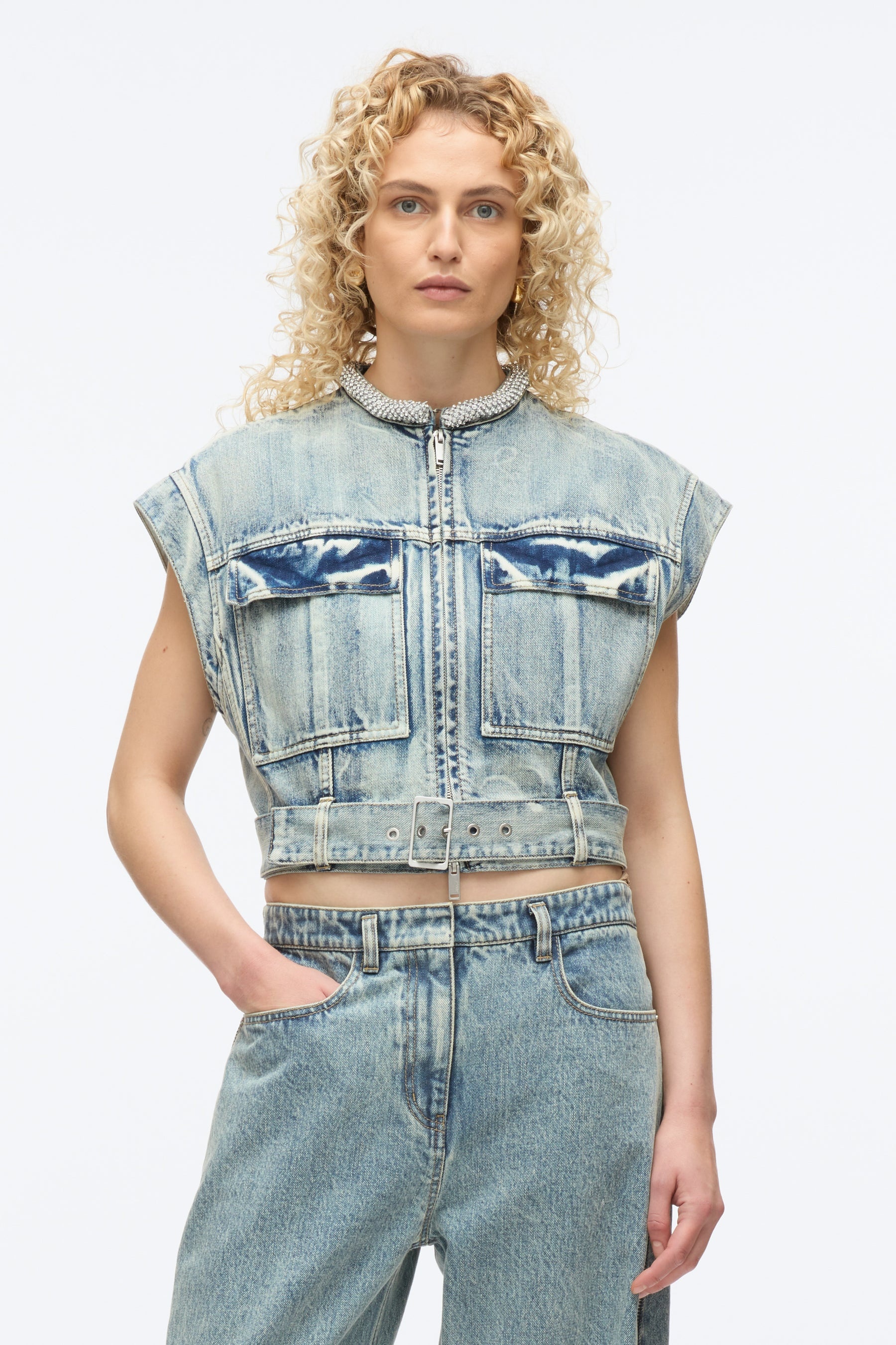 Denim Vest with Crystal Necklace - 2