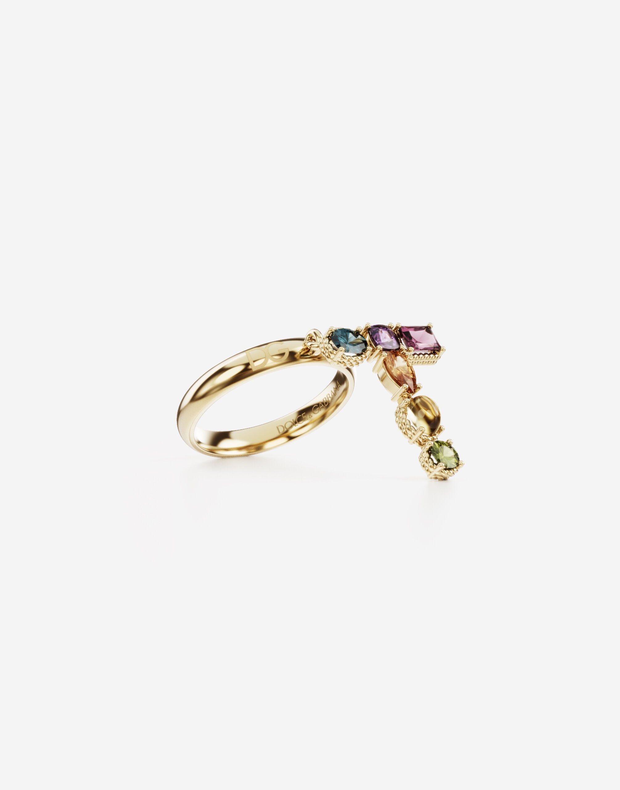 Rainbow alphabet T ring in yellow gold with multicolor fine gems - 2