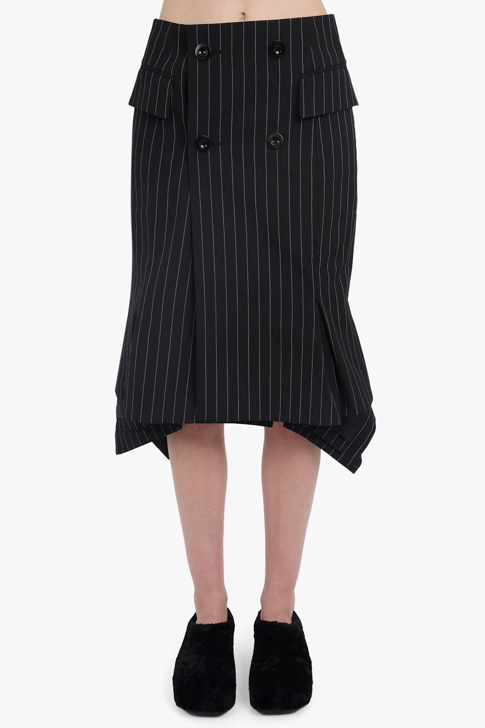 ASYMMETRIC FLARED HEM STRIPE MIDI SKIRT WITH BUTTON DETAIL | BLACK/WHITE - 6