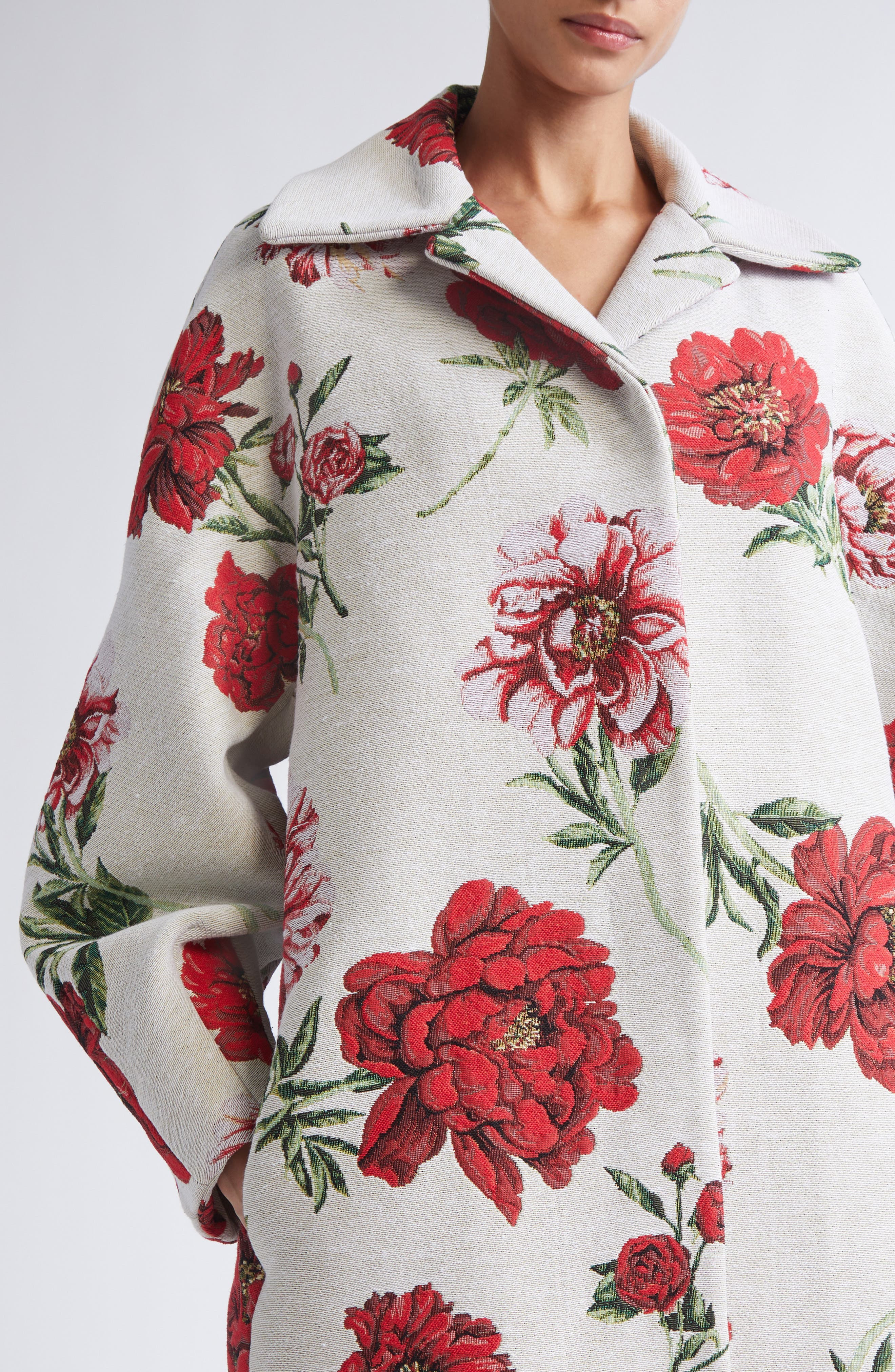 Oscar de la Renta Peony Jacquard Coat in Grey Multi at Nordstrom - 4