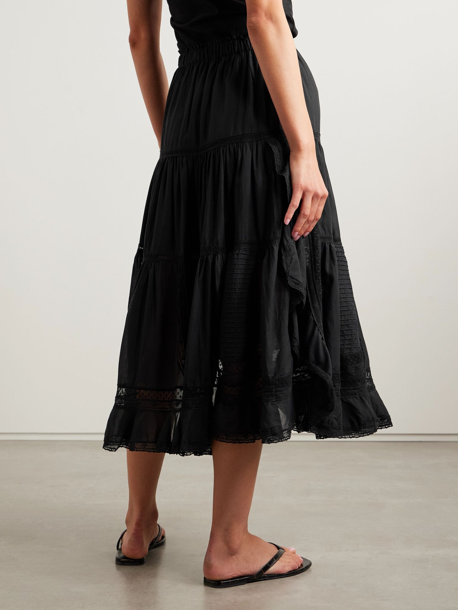Franca tiered lace-trimmed cotton-blend midi skirt Black - 4