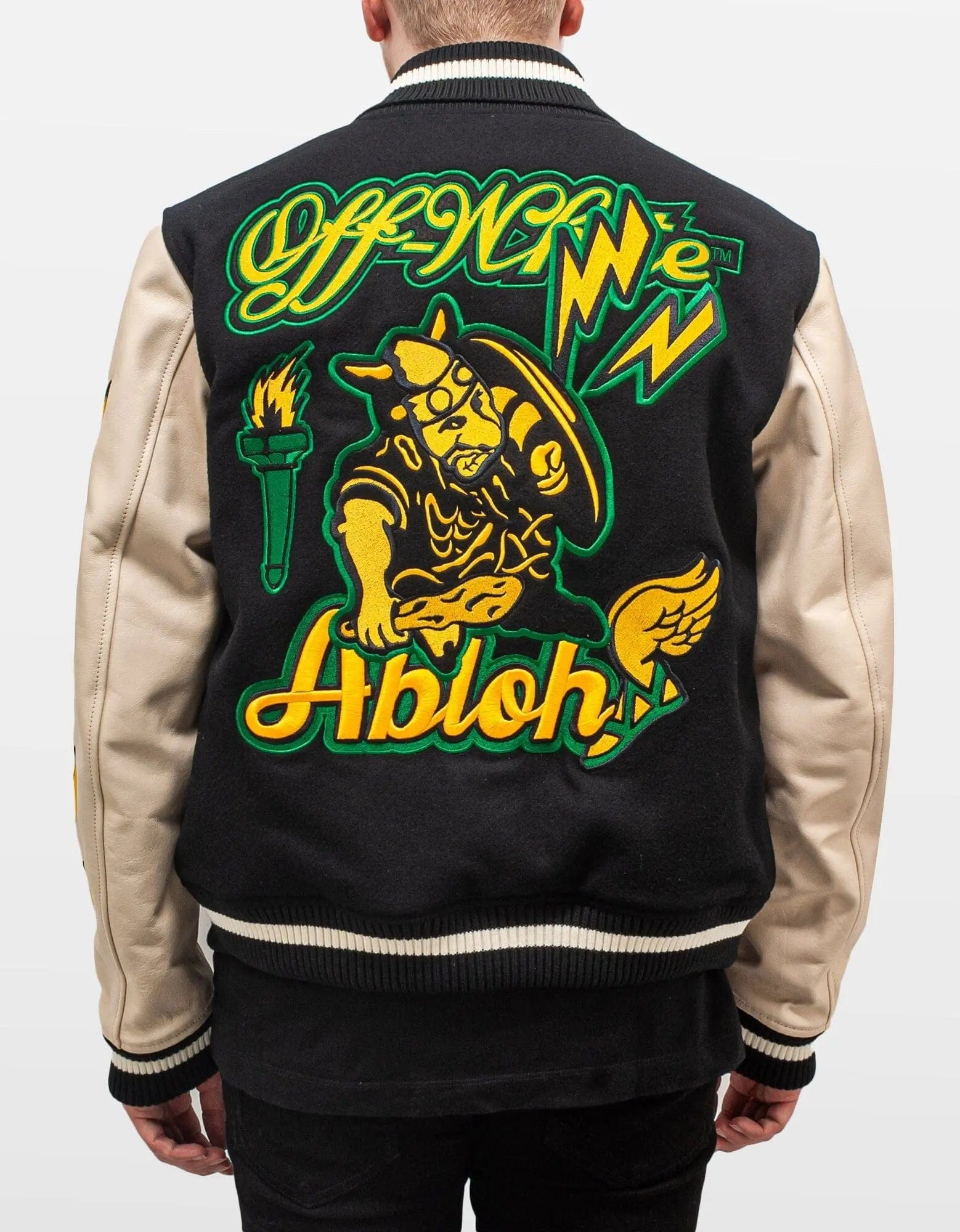 Off-White Black Graphics Leather Varsity Jacket - 13