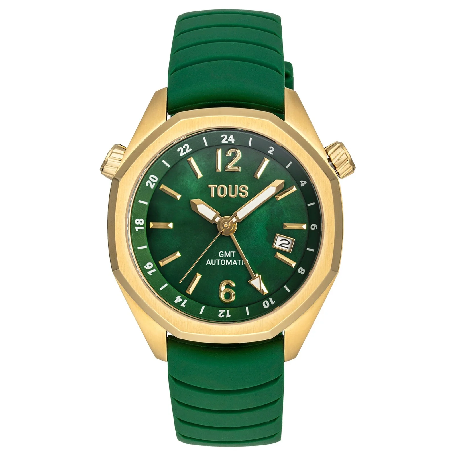 gmt automatic Watch with green silicone strap, gold-colored IPG steel case and mother-of-pearl face - 1