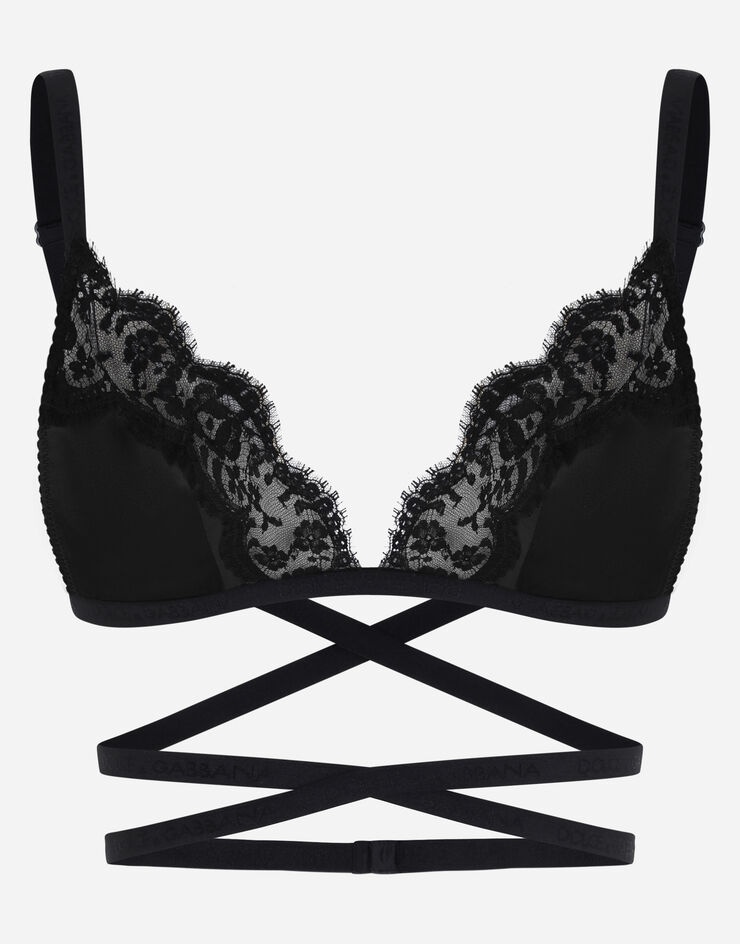 Soft-cup satin bra with lace detailing and branded elastic - 1