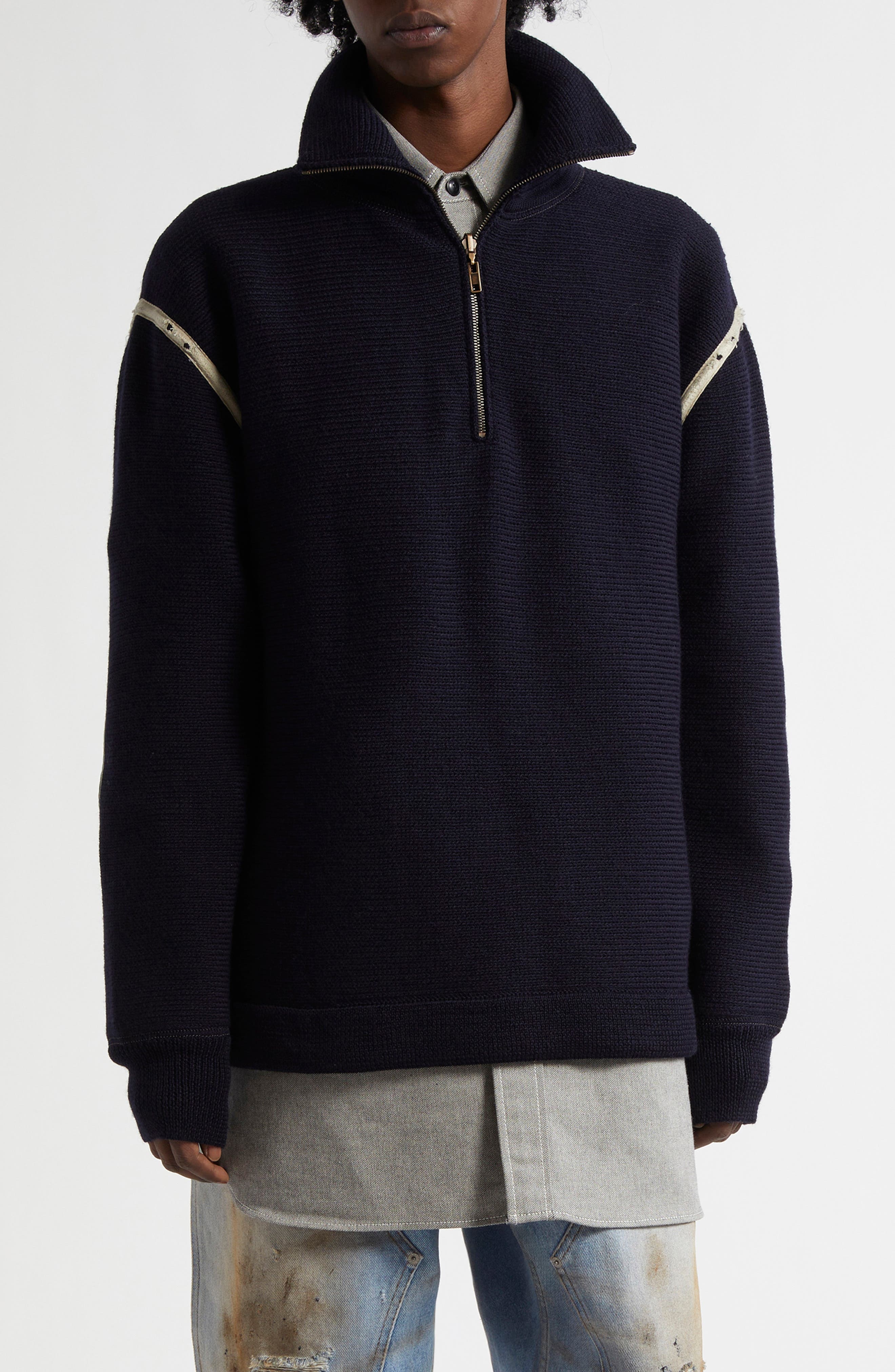 Maison Margiela Elbow Patch Half Zip Wool Pullover in Navy at Nordstrom - 1