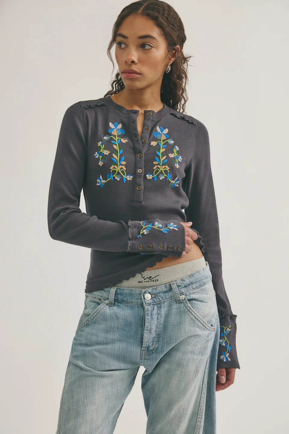 Fleur Embroidered Cuff Henley - 1