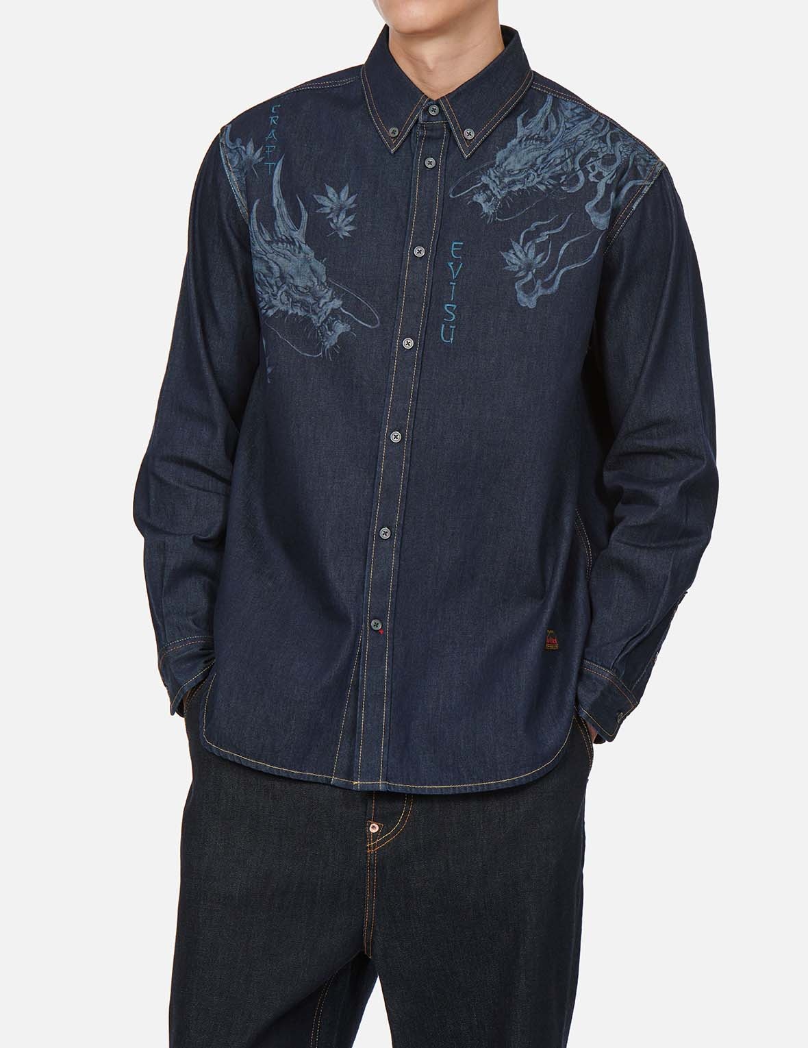 DRAGON MOTIF LASER-PRINT DENIM SHIRT - 3