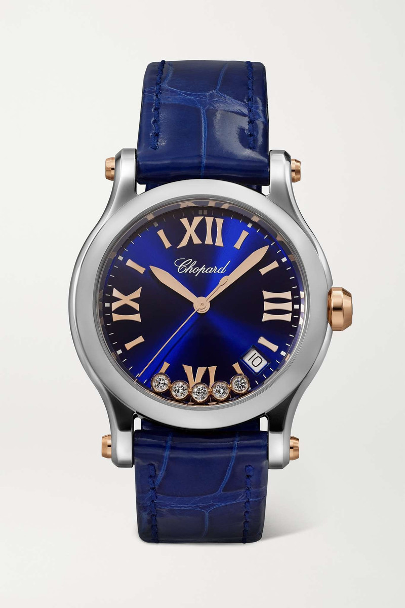 Happy Sport 36mm stainless steel, 18-karat rose gold, alligator and diamond watch 1