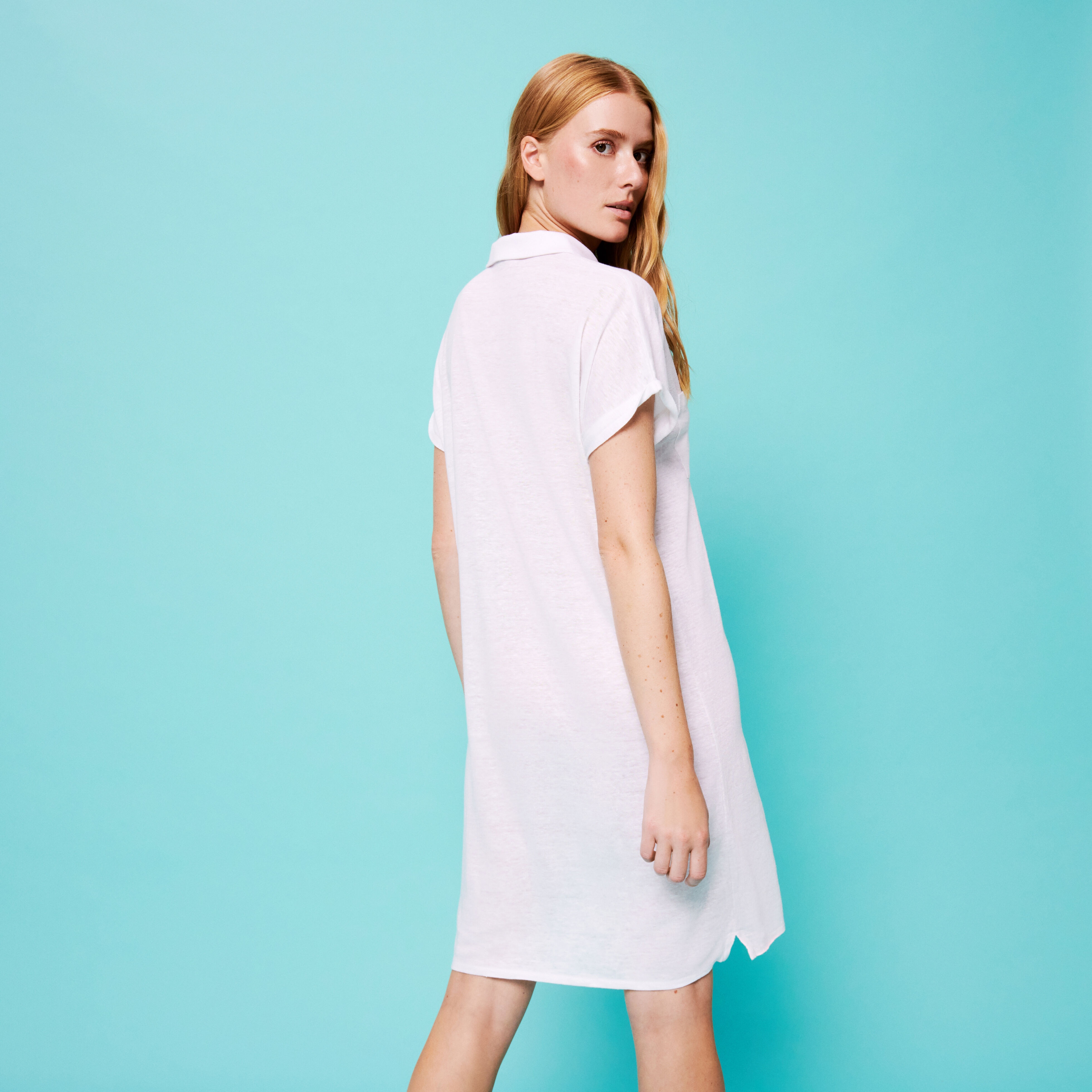 Women Linen Long Polo Dress Solid - 4