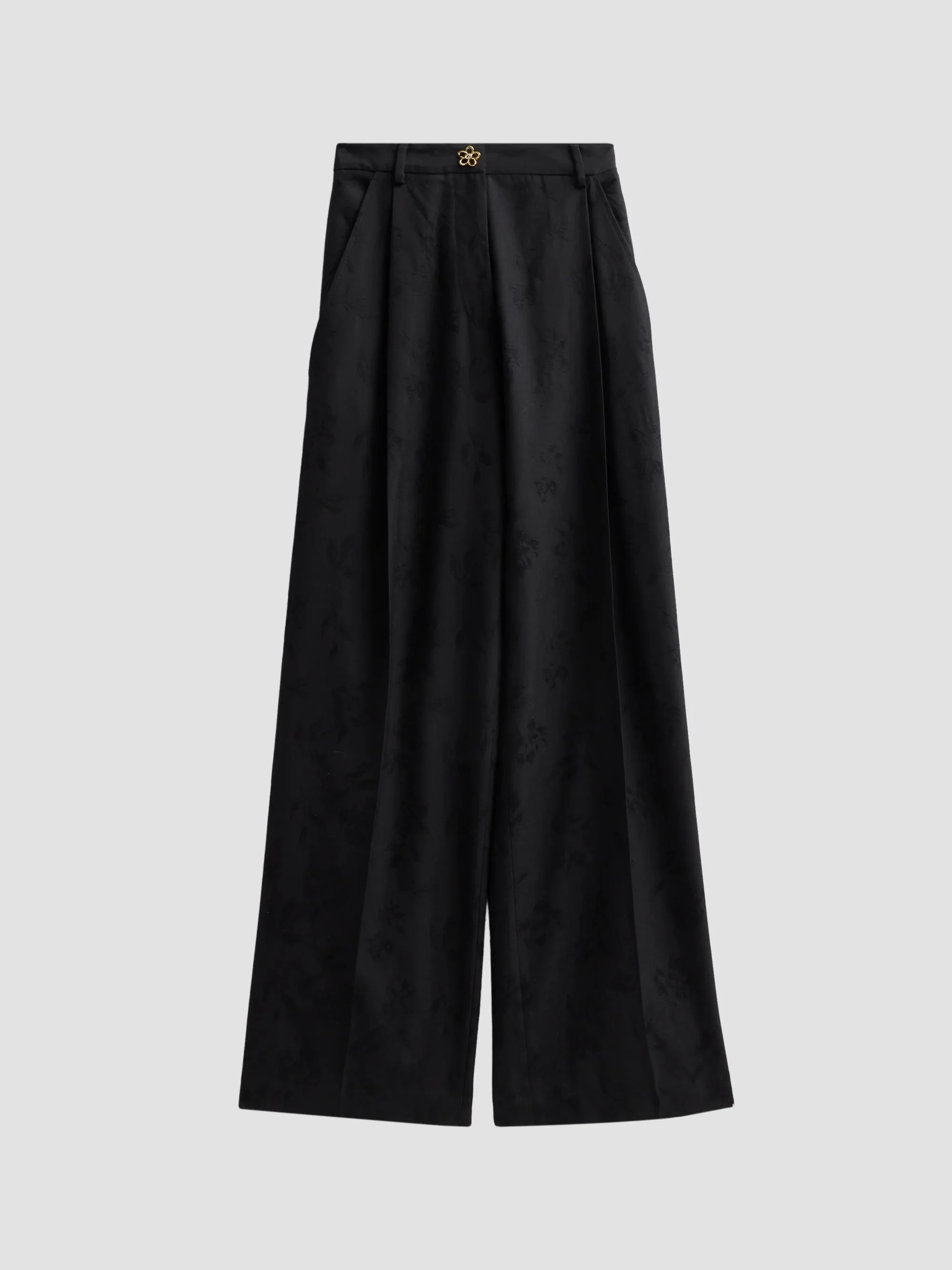 Women's Floral-Jacquard Wool Wide-Leg Trousers - Black - 1