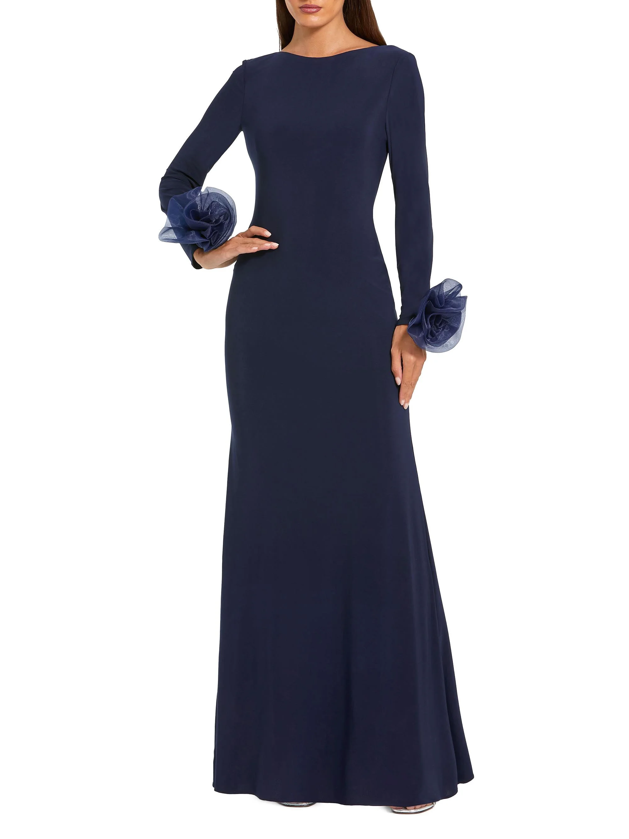 Women's Organza Rosette Long-Sleeve Gown - Midnight - 1