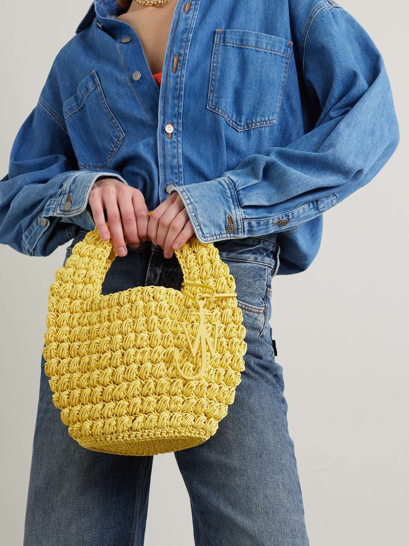 Popcorn Basket leather-trimmed crocheted waxed-cotton tote - 2