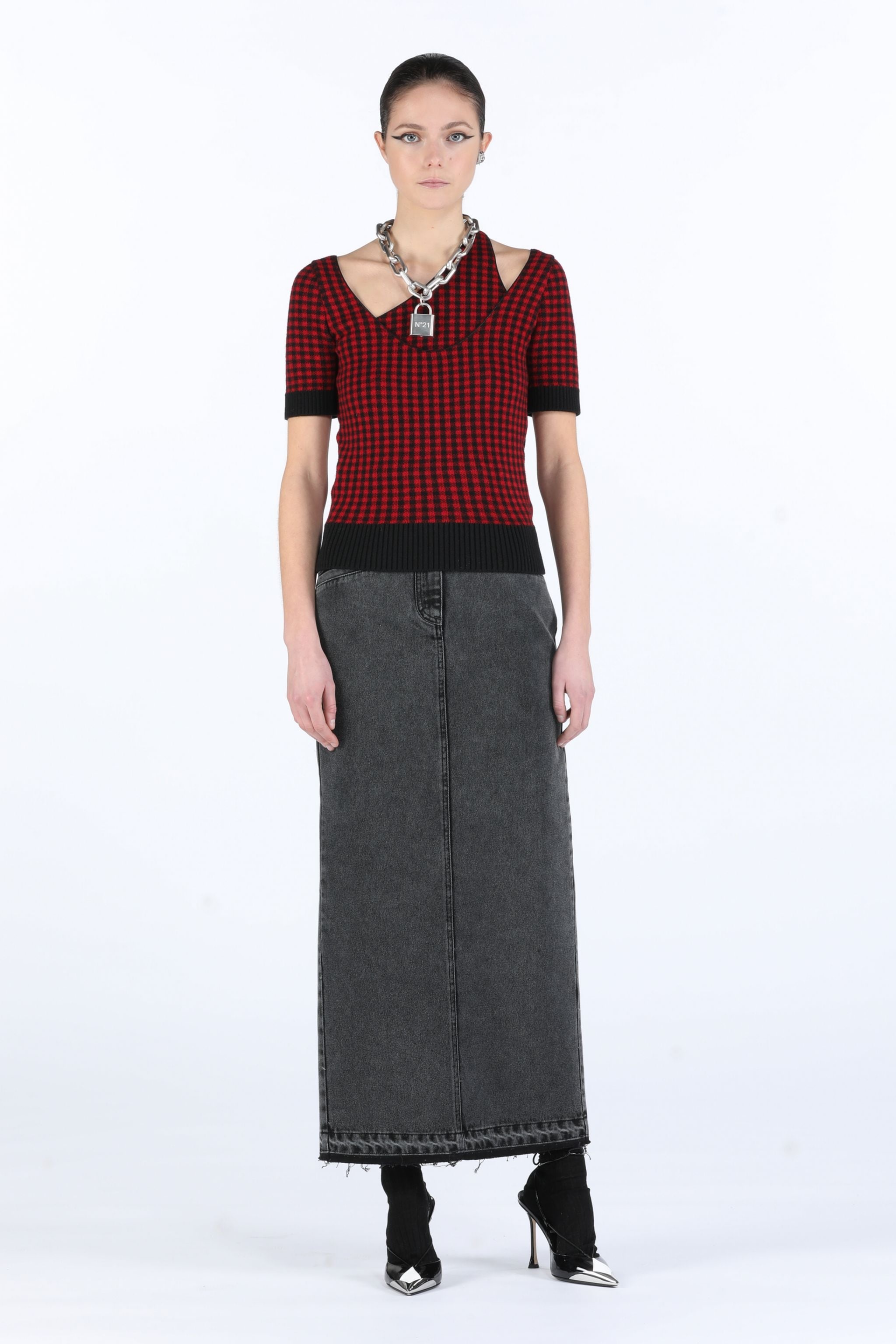 LAYERED CHECKED KNIT TOP - 4