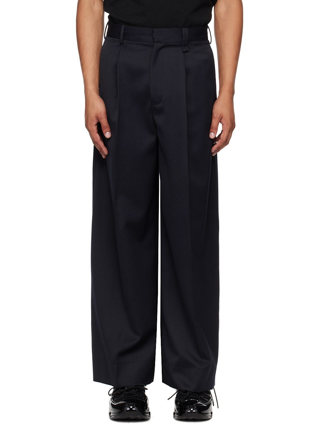 Navy Pleated Wide Leg Trousers - 1