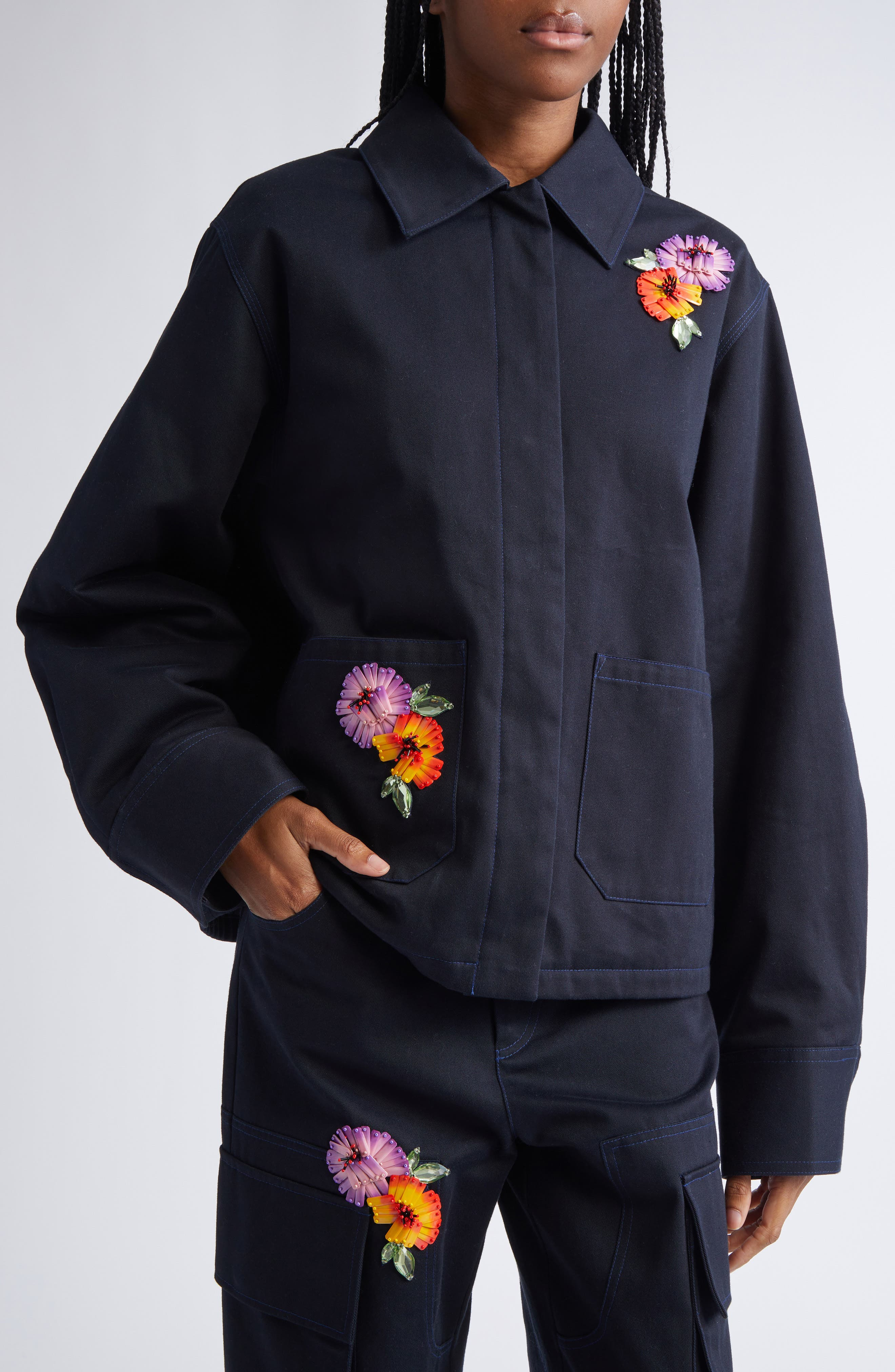 Area Flower Embellished Cargo Jacket in Midnight Blue at Nordstrom - 5
