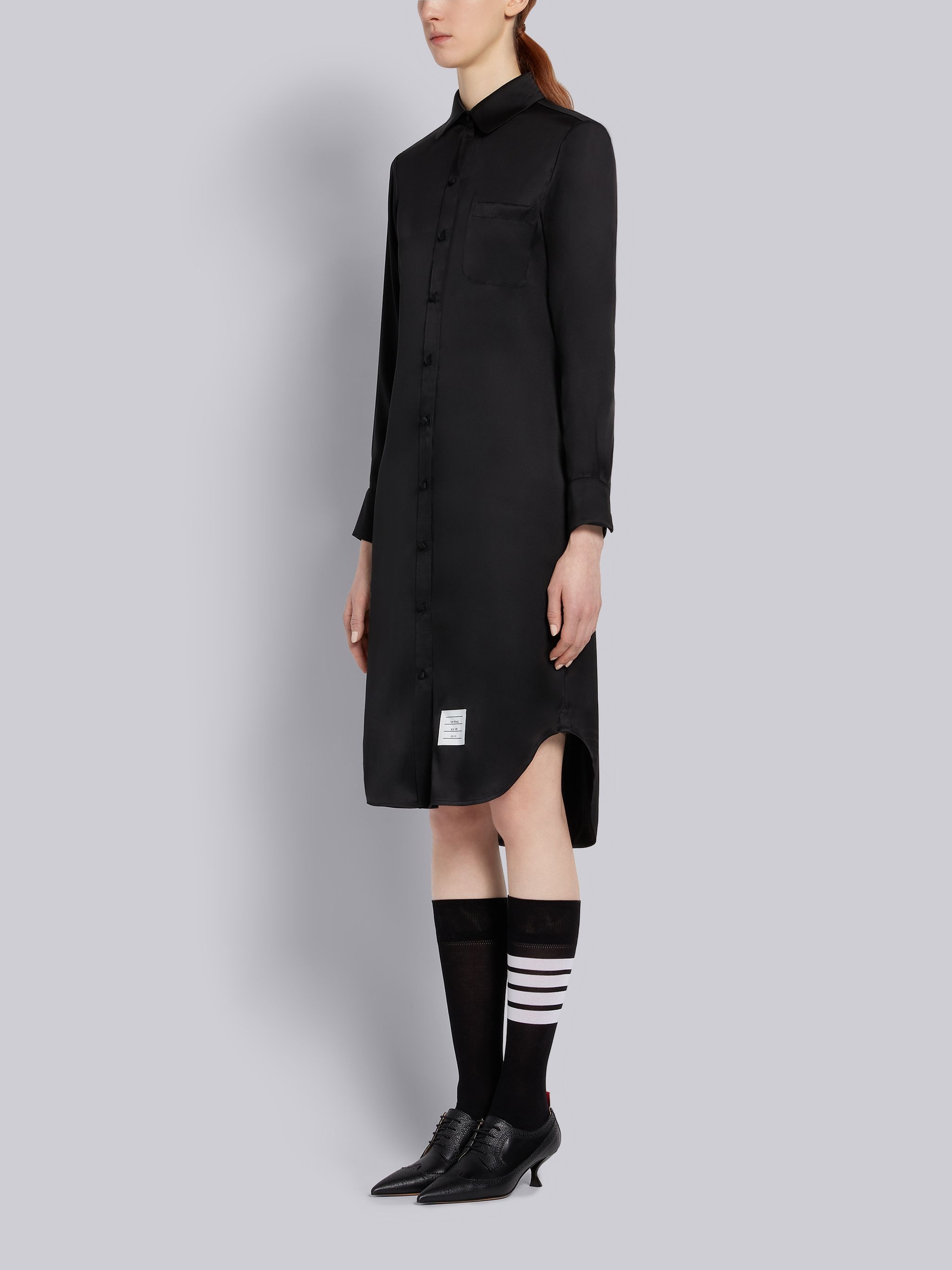 Black Double Face Satin Silk Round Collar Classic Long Sleeve Shirtdress - 2
