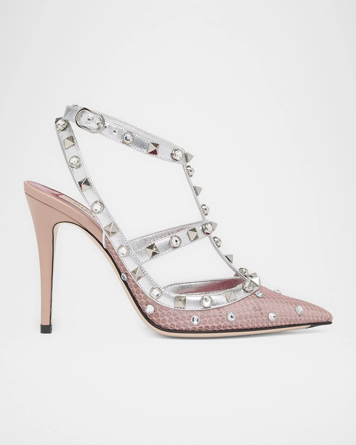 100mm Rockstud Mixed Leather and Mesh Ankle-Strap Pumps - 1