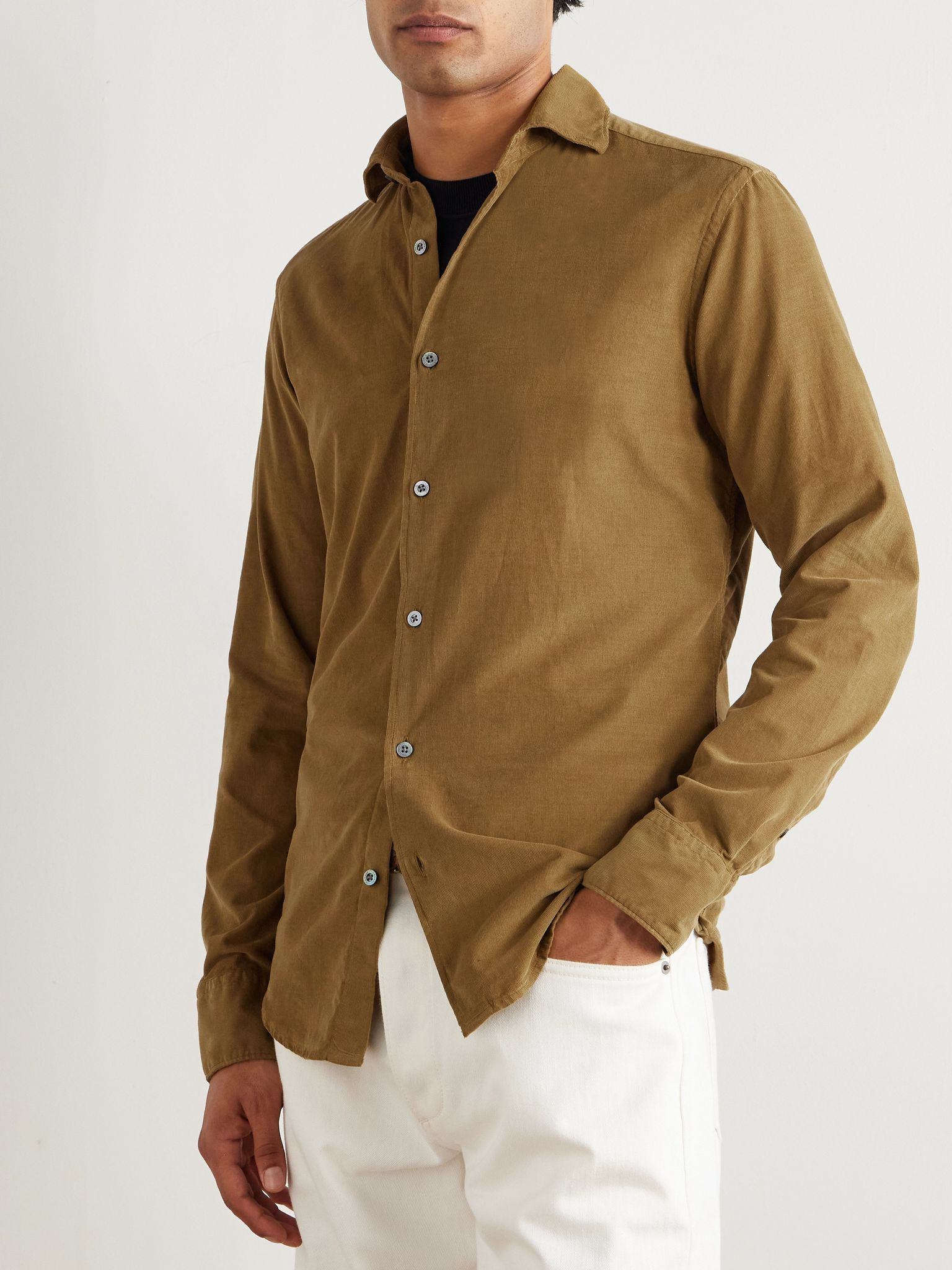 Slim-Fit Garment-Dyed Cotton-Corduroy Shirt Tan - 3