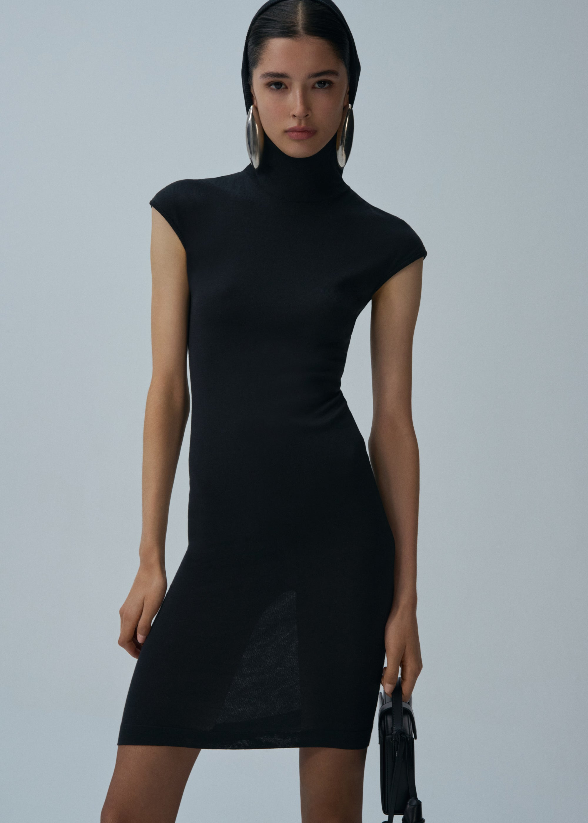 Hooded silk knitwear dress in black - 3