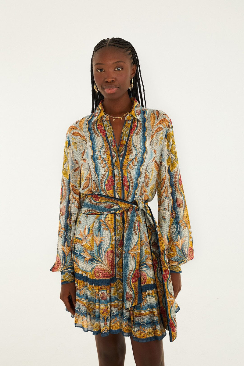 Blue Mosaic Garden Belted Mini Dress 1