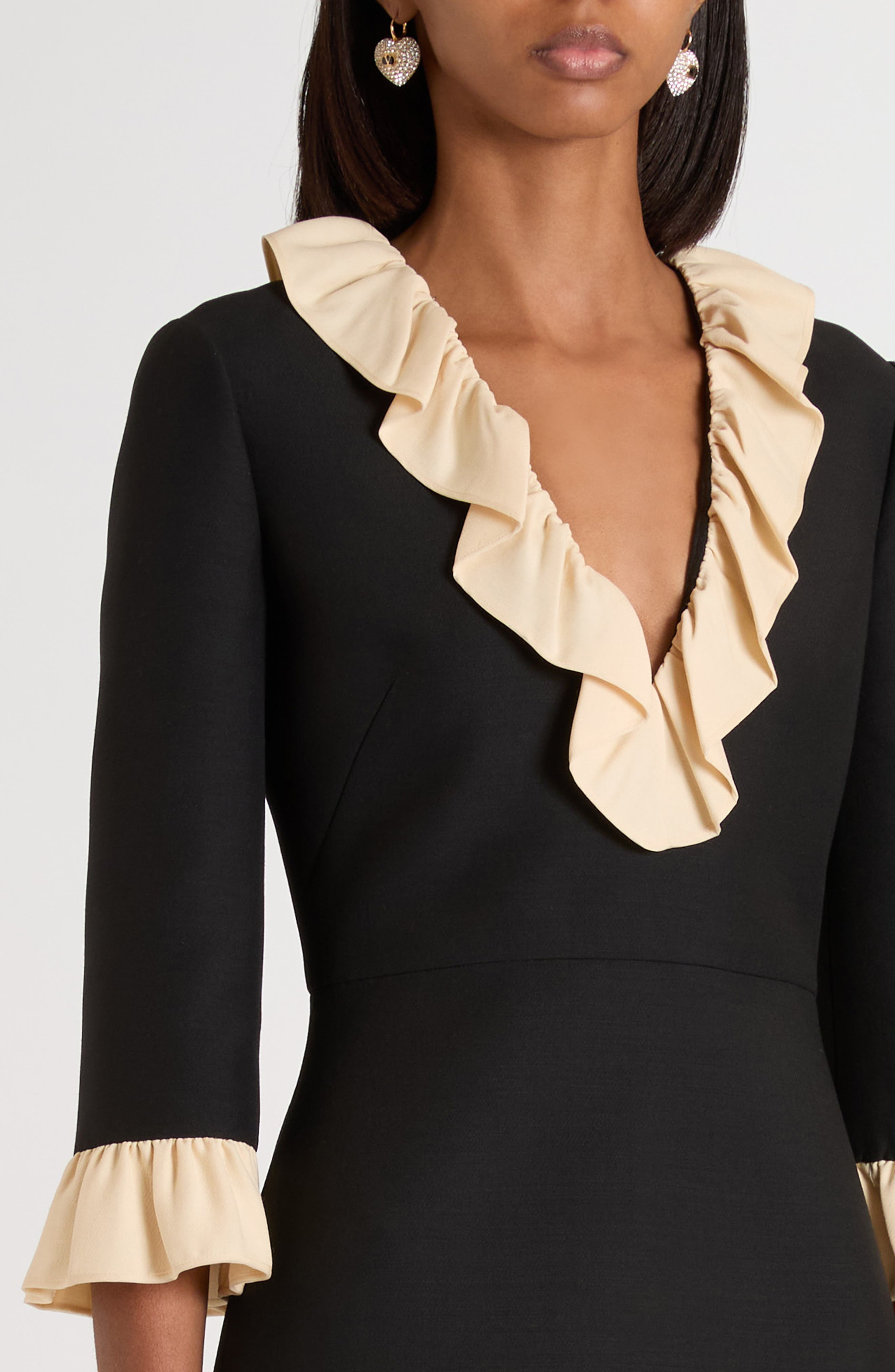 Valentino Garavani Ruffle Trim Crepe Couture Minidress in Light Hazelnut Black at Nordstrom - 4