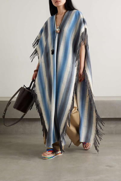 Chloé Leather-trimmed fringed striped cashmere and silk-blend poncho outlook