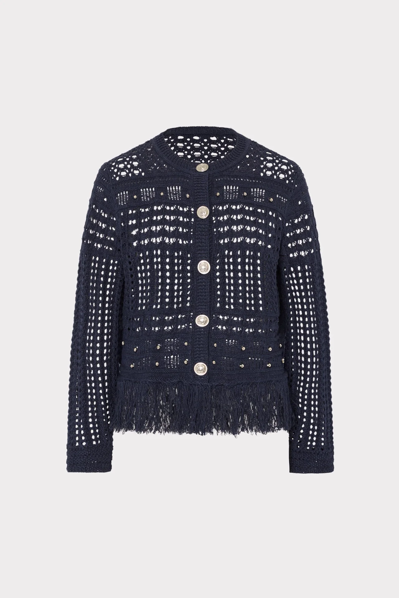Beaded Fringe Crewneck Cardigan Jacket - 1