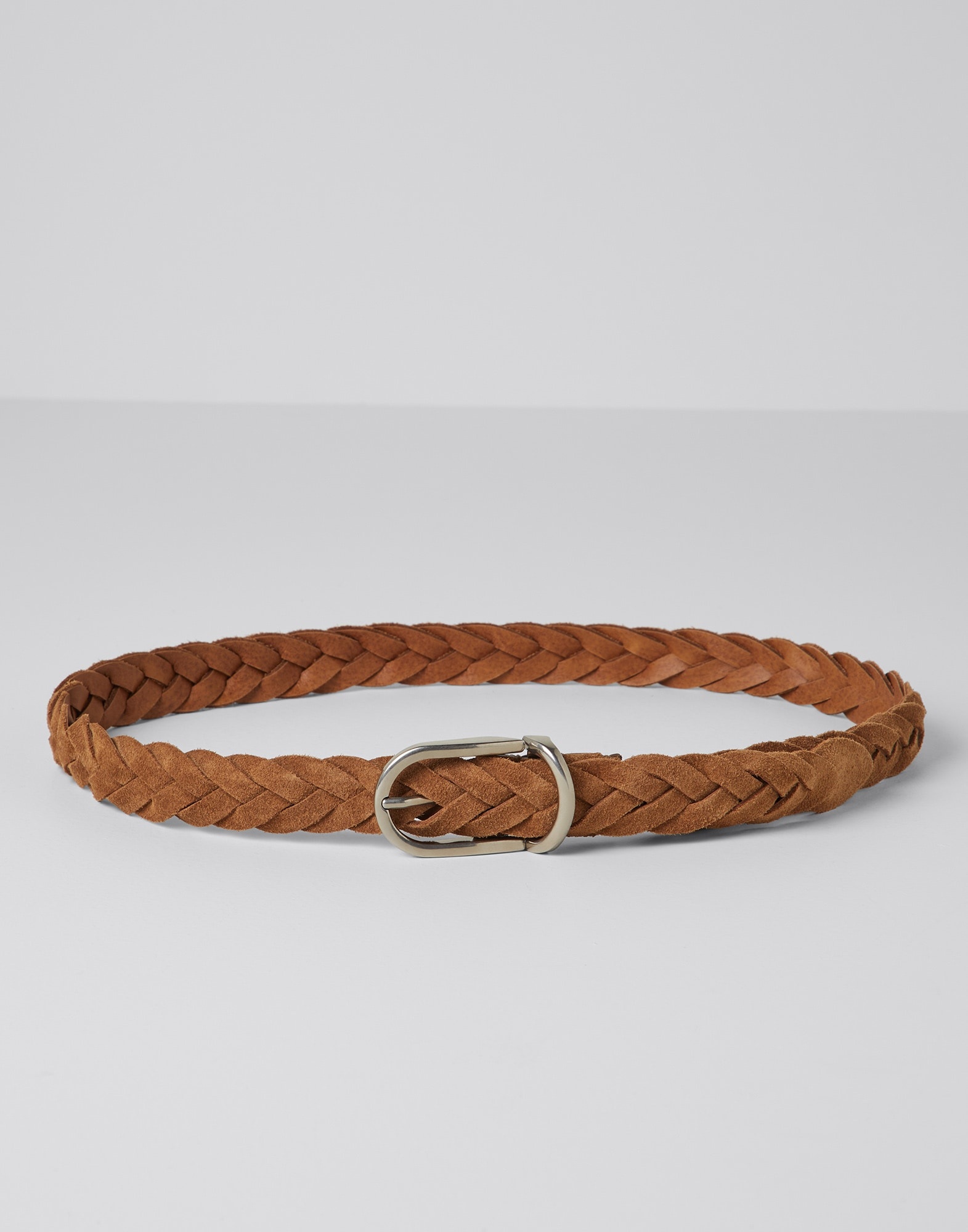 Bull suede braided belt with rounded buckle and metal keeper - 1