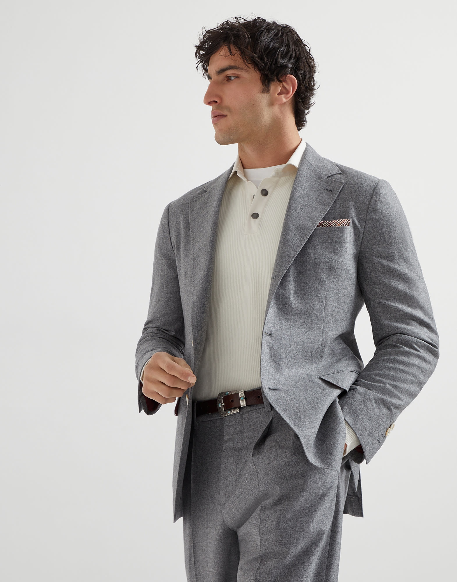 Cashmere English rib knit polo shirt with twill spread collar - 4