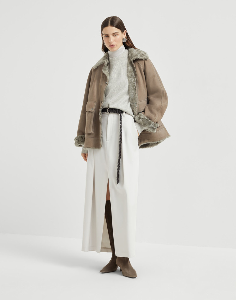 Fuzzy shearling outerwear jacket with shiny trim 5
