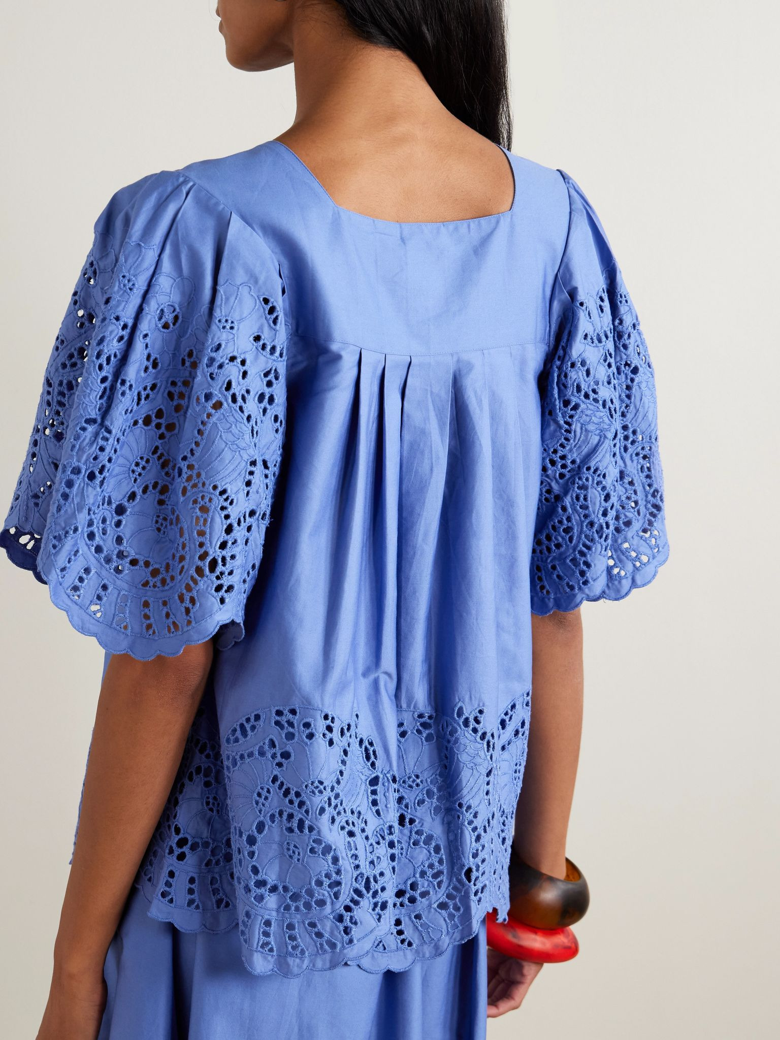 Scarletta pleated broderie anglaise cotton-poplin blouse Blue - 3