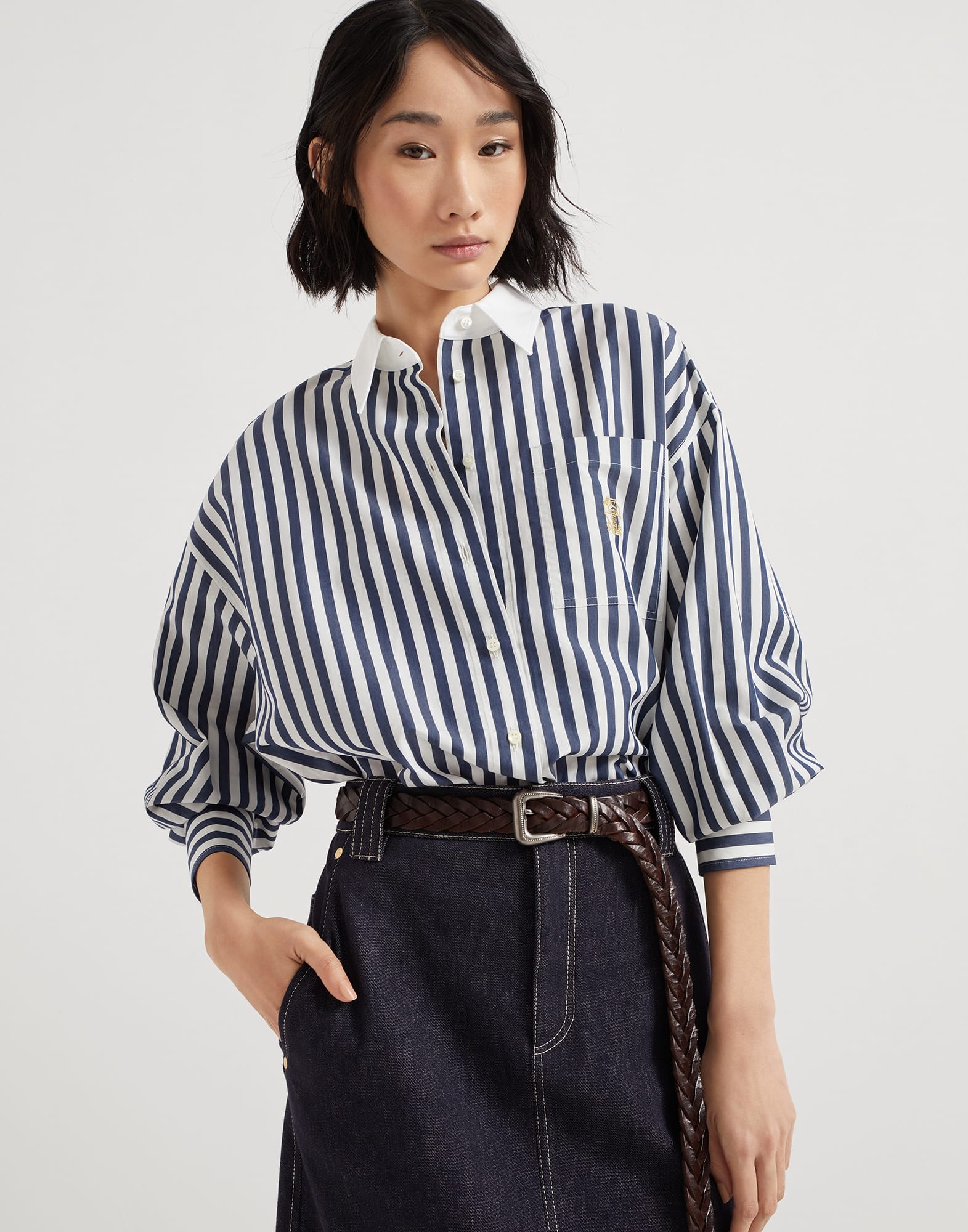 Striped cotton and silk poplin shirt with logo - 4