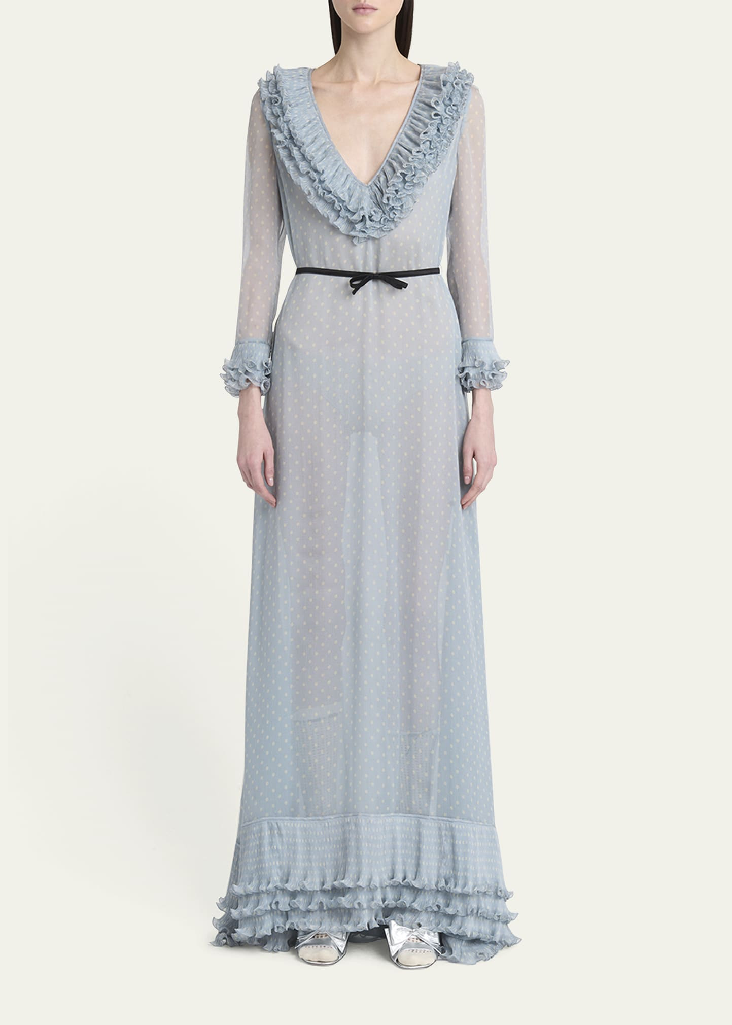 Polka Dot Layered Ruffle Sheer Gown with Ribbon - 2