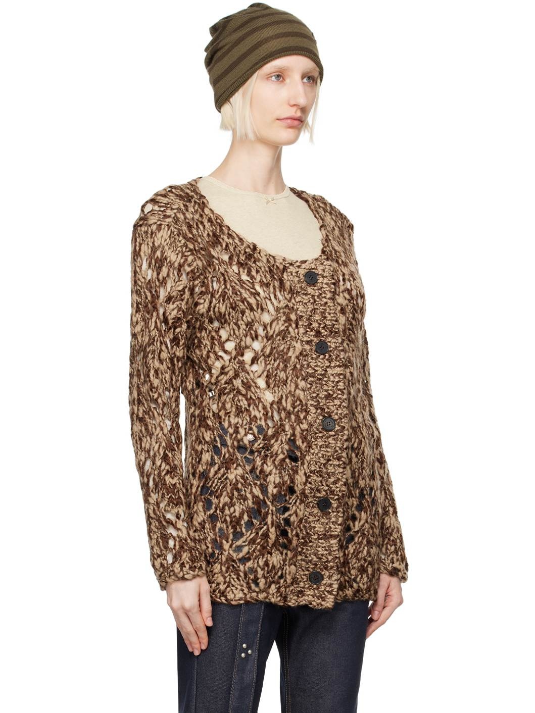 Brown Argyle Pointelle Cardigan - 2