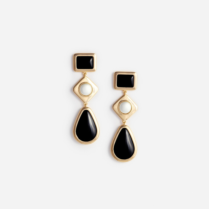 Black Enamel Gold Three Tiered Earrings - 1