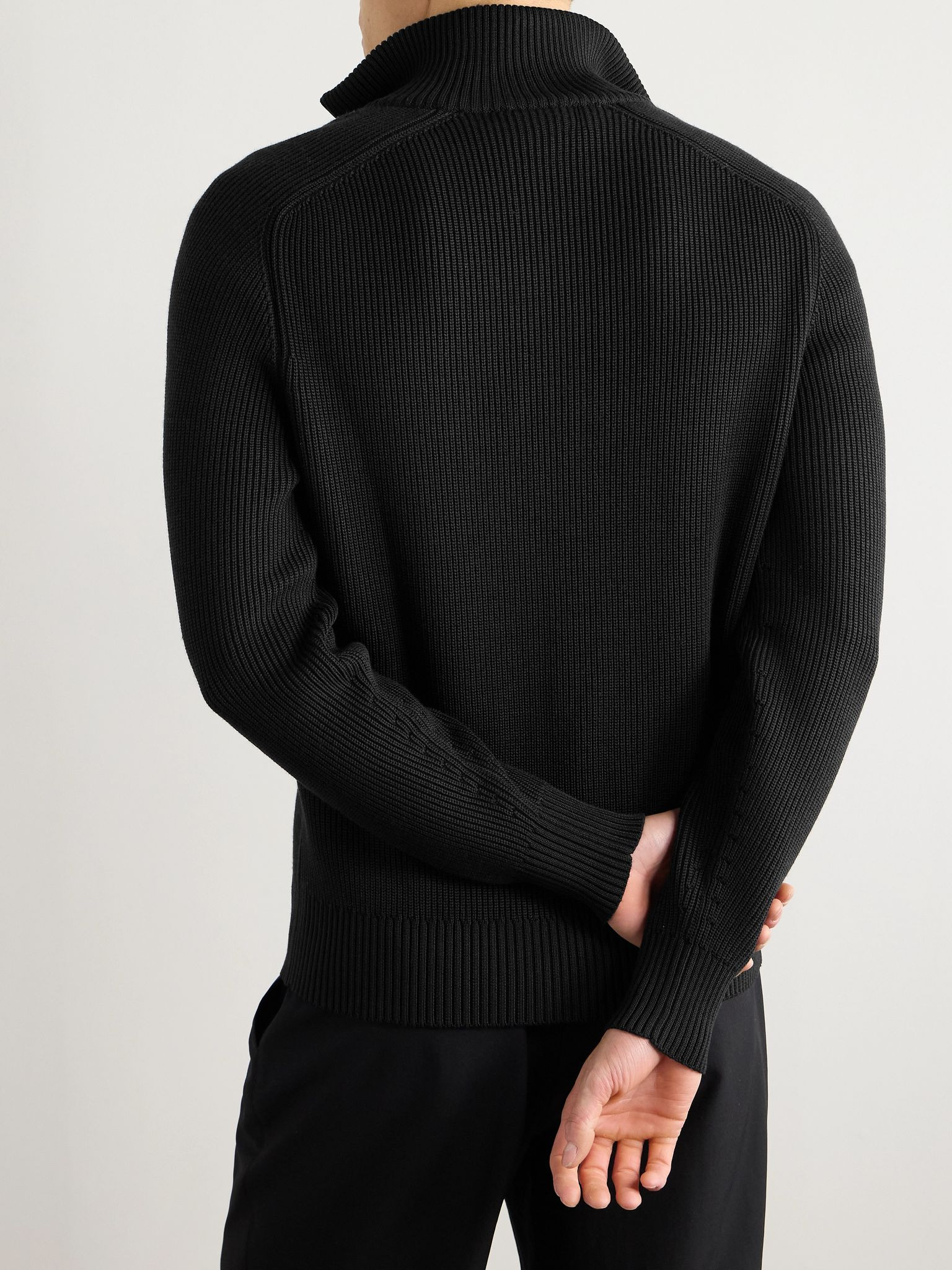 Slim-Fit Ribbed Silk and Merino Wool-Blend Half-Zip Sweater Black - 3