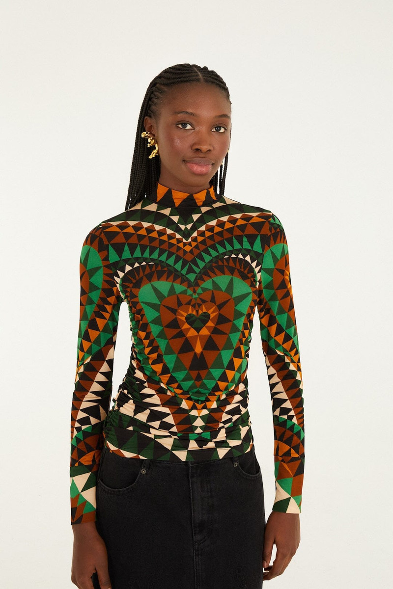 Green Heart Deco Ruched Waist Jersey Blouse 1