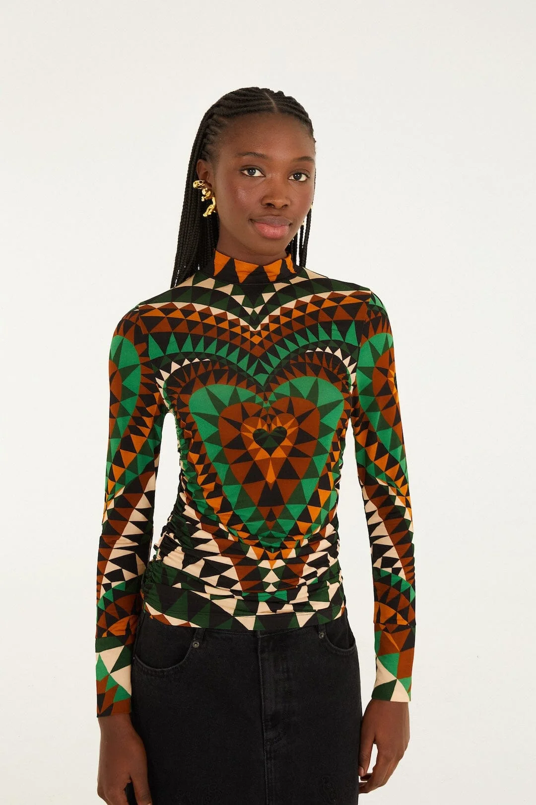 Green Heart Deco Ruched Waist Jersey Blouse - 1