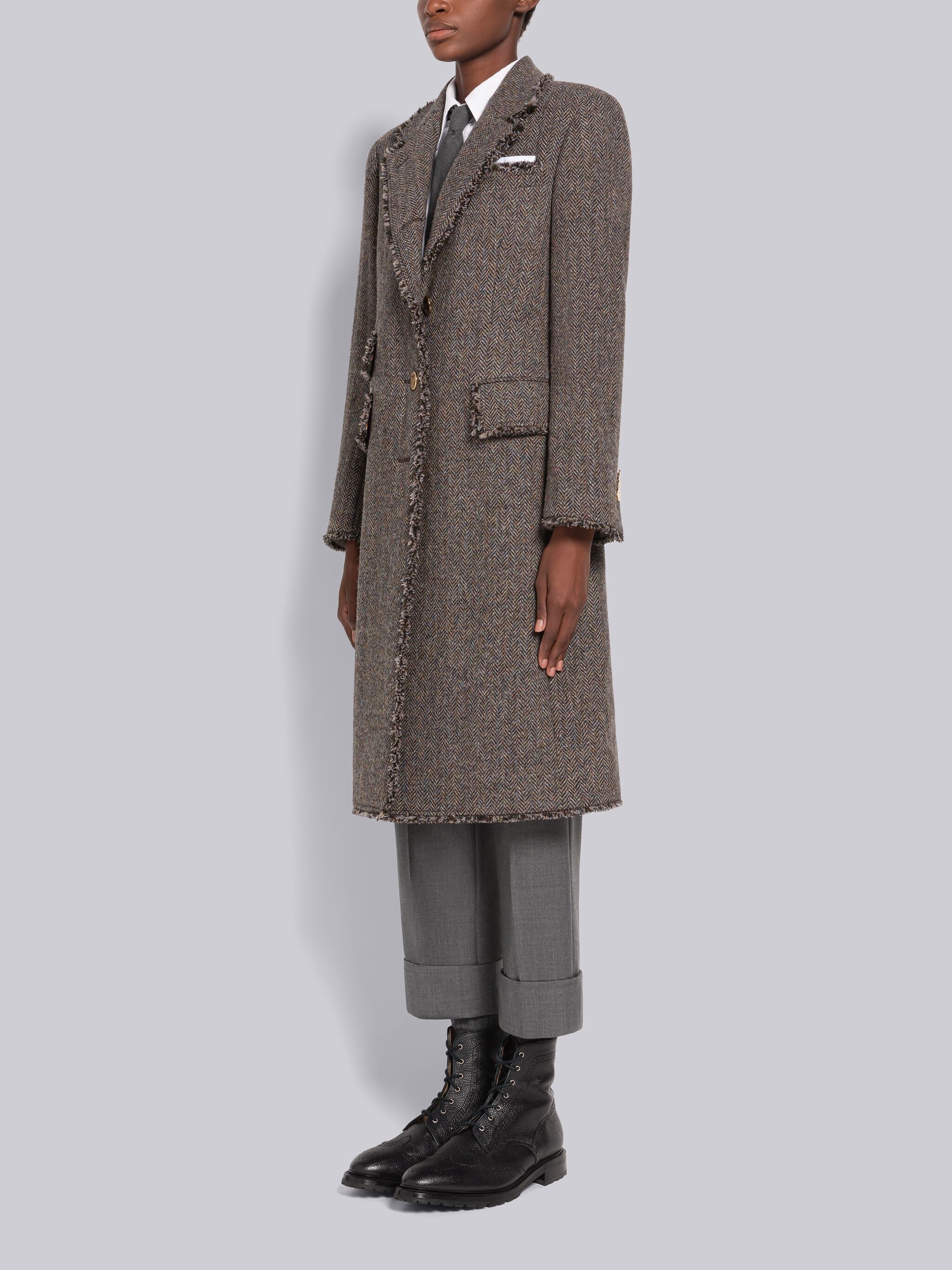 Herringbone Frayed Single Vent Overcoat - 2
