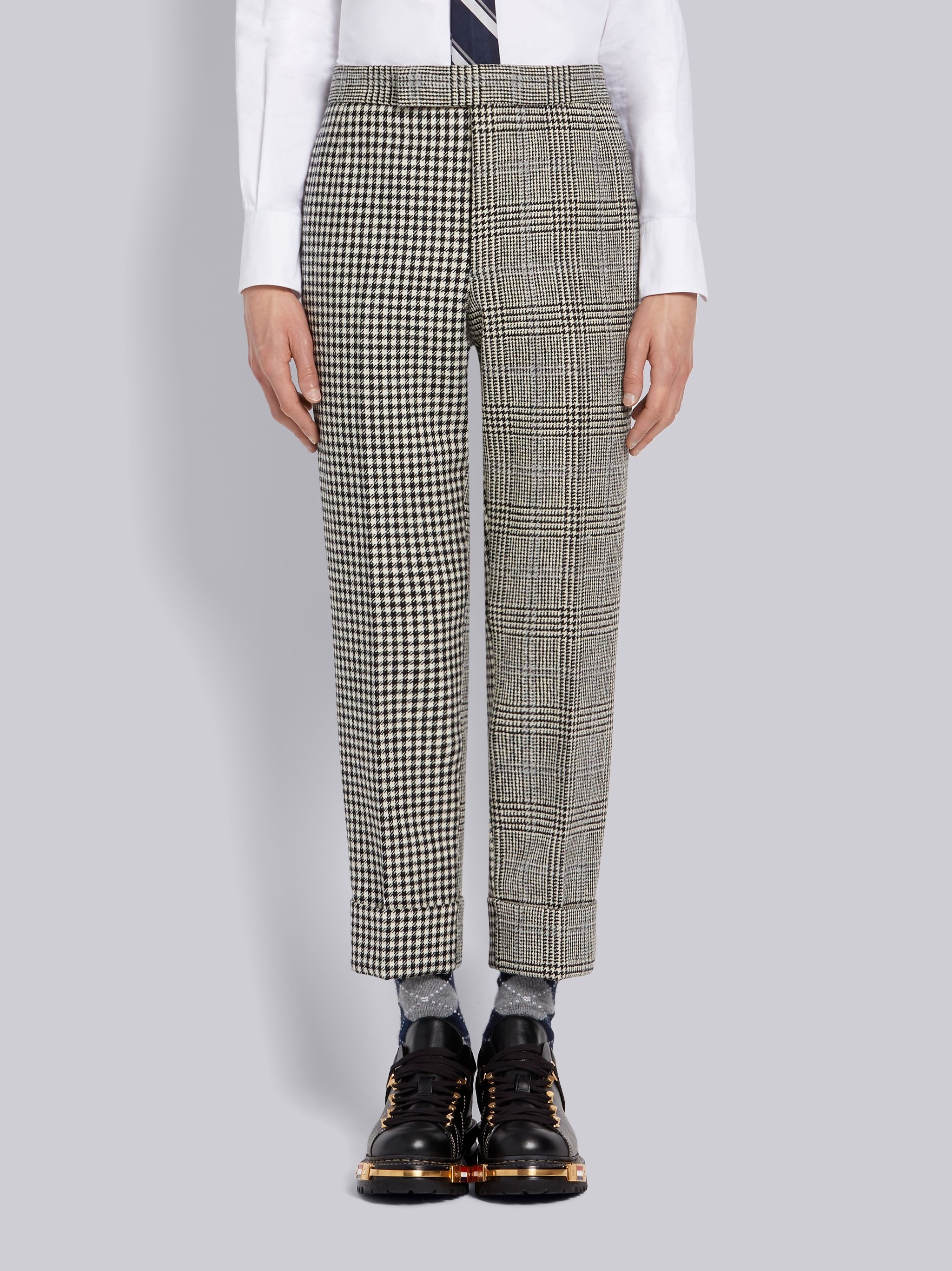 Black and White Fun-Mix Prince of Wales Overcheck Hunting Wool Tweed Classic Trouser - 1