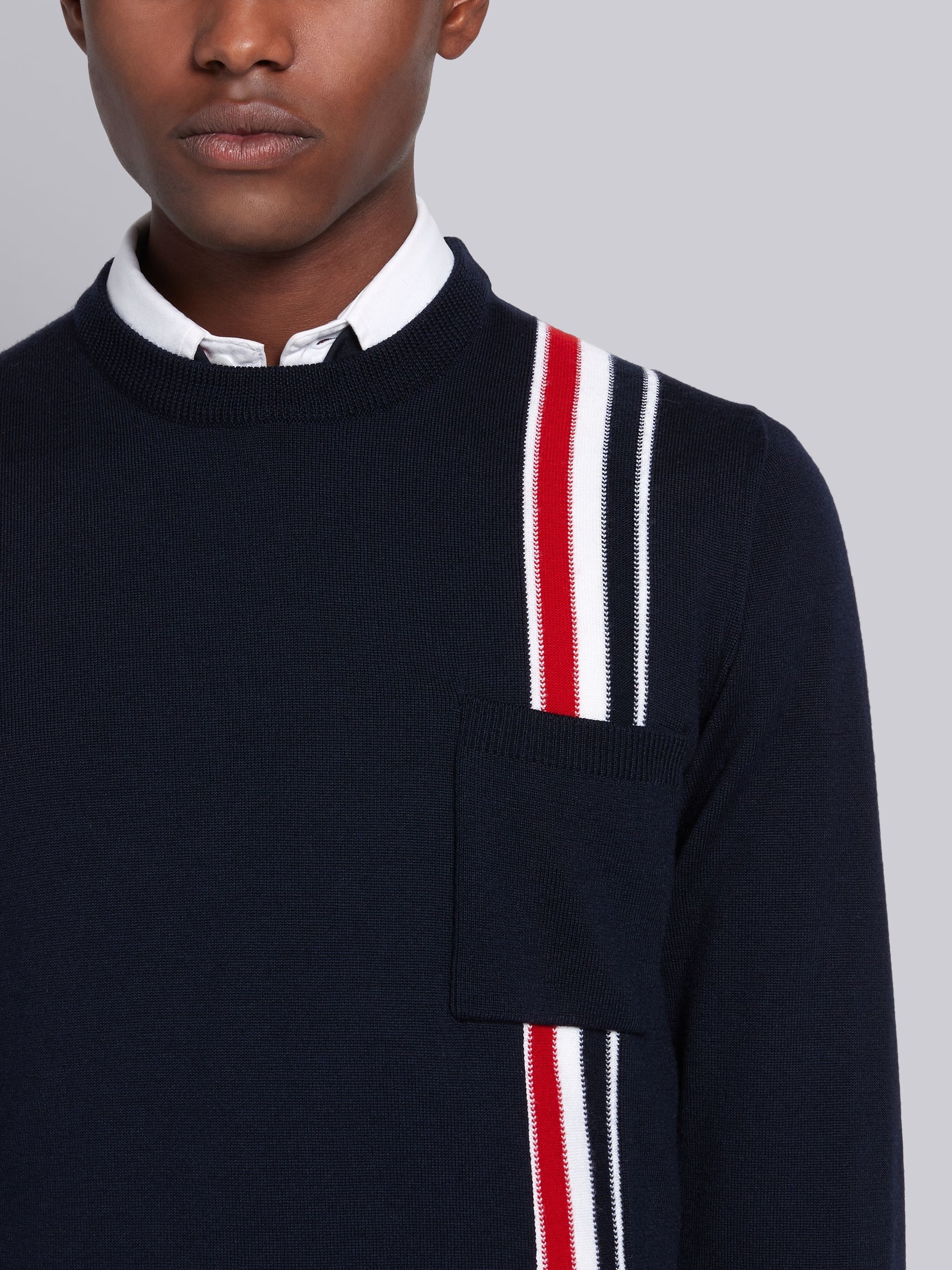 Navy Merino Wool Jersey Tricolor Intarsia Stripe Crewneck Pullover - 5