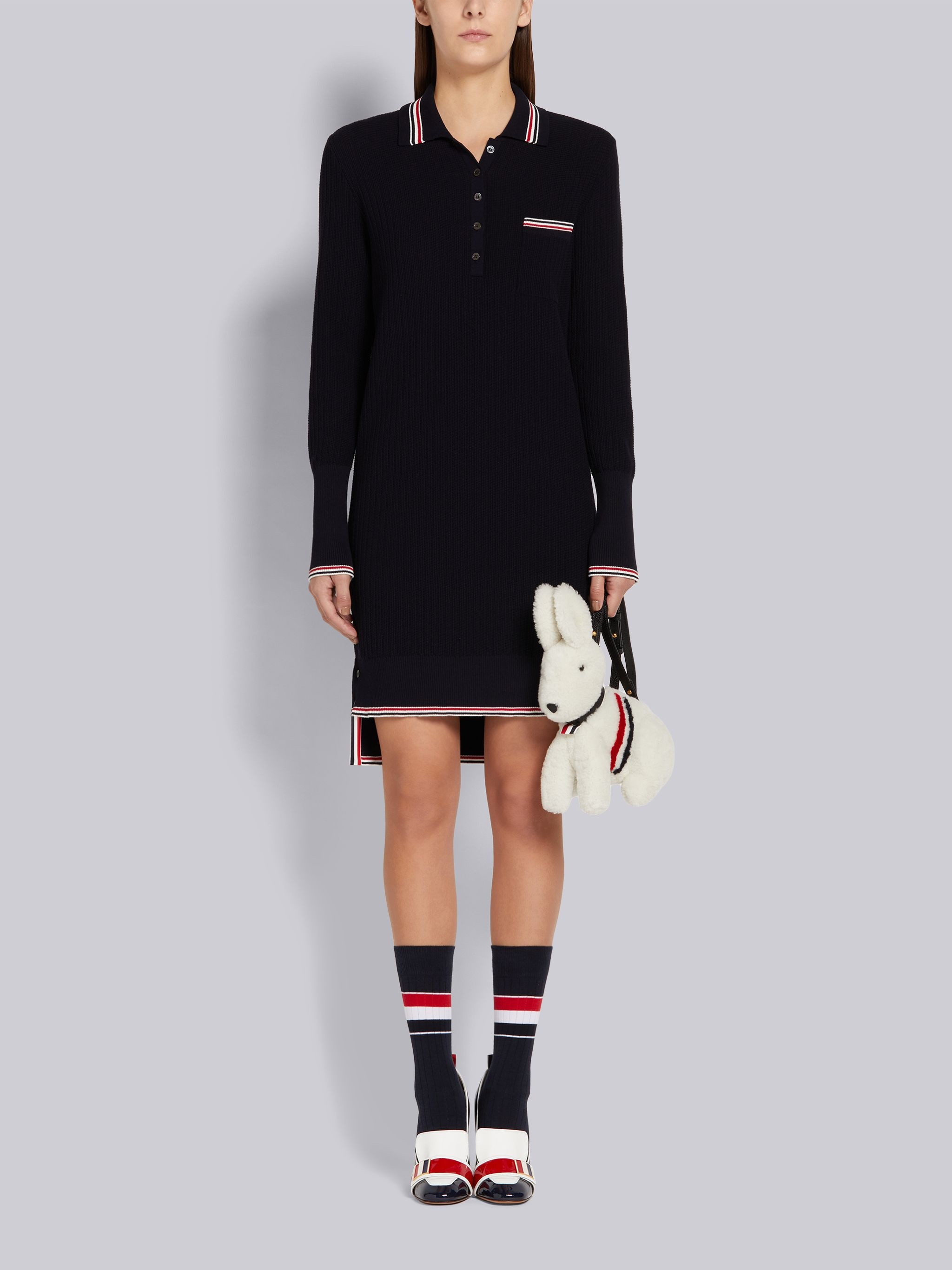 Navy Overtwisted Cotton Textured Stitch Stripe Long-sleeved Polo Dress - 4