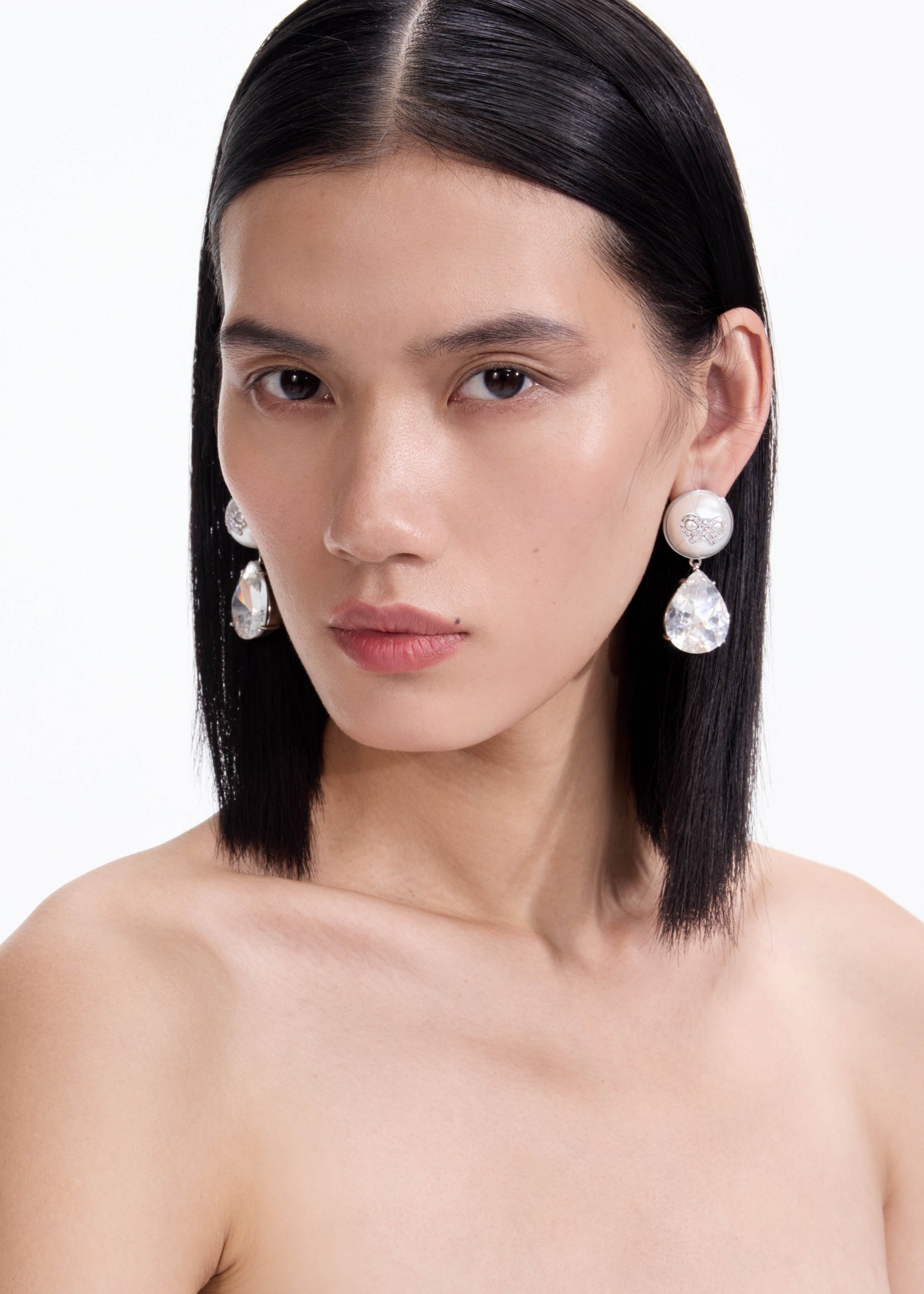 Bow Pearl Crystal Droplet Earrings - 3